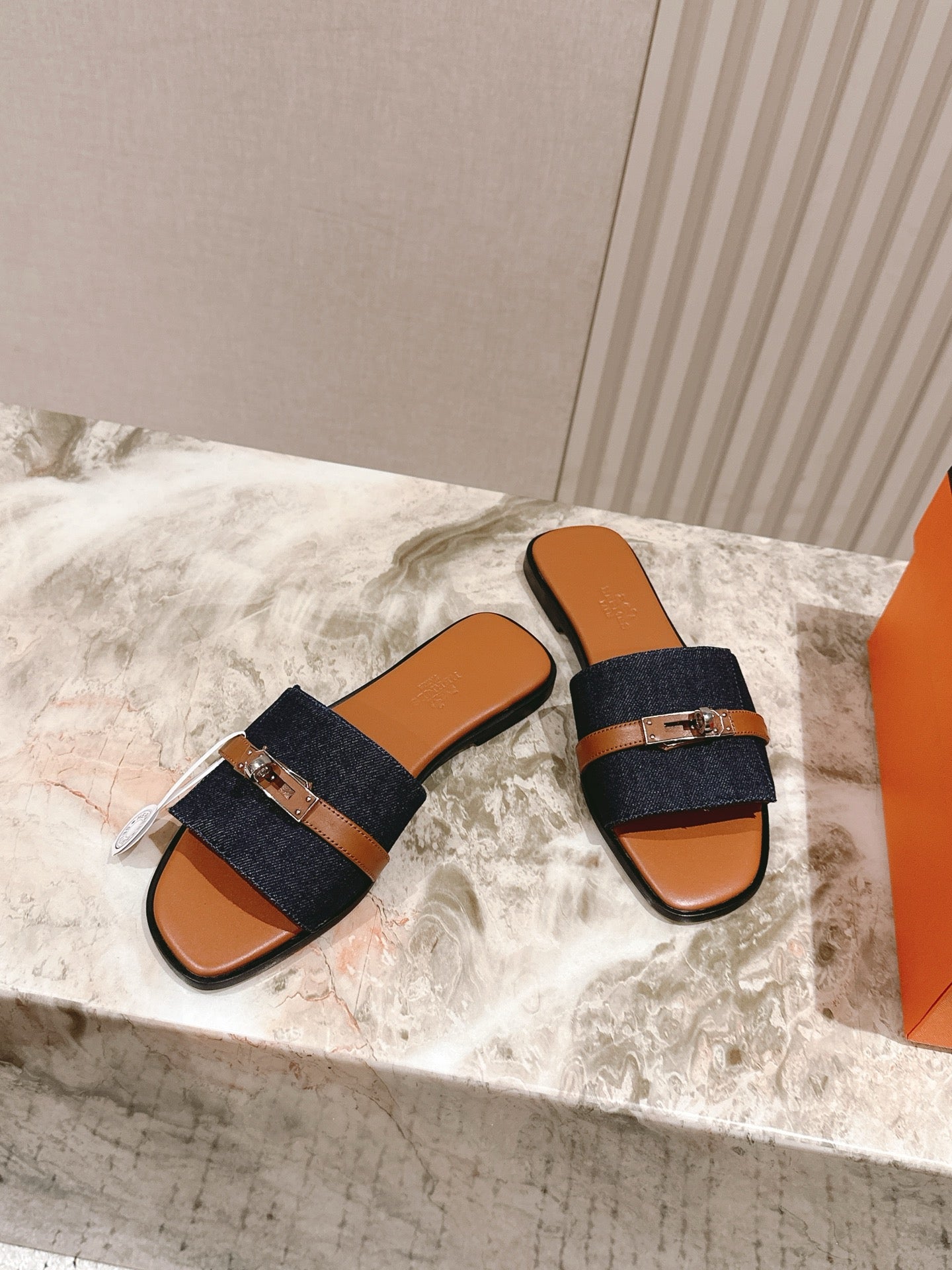 HM 2026 Flat Slippers Tan Brown Blue Denim Calfskin 655860