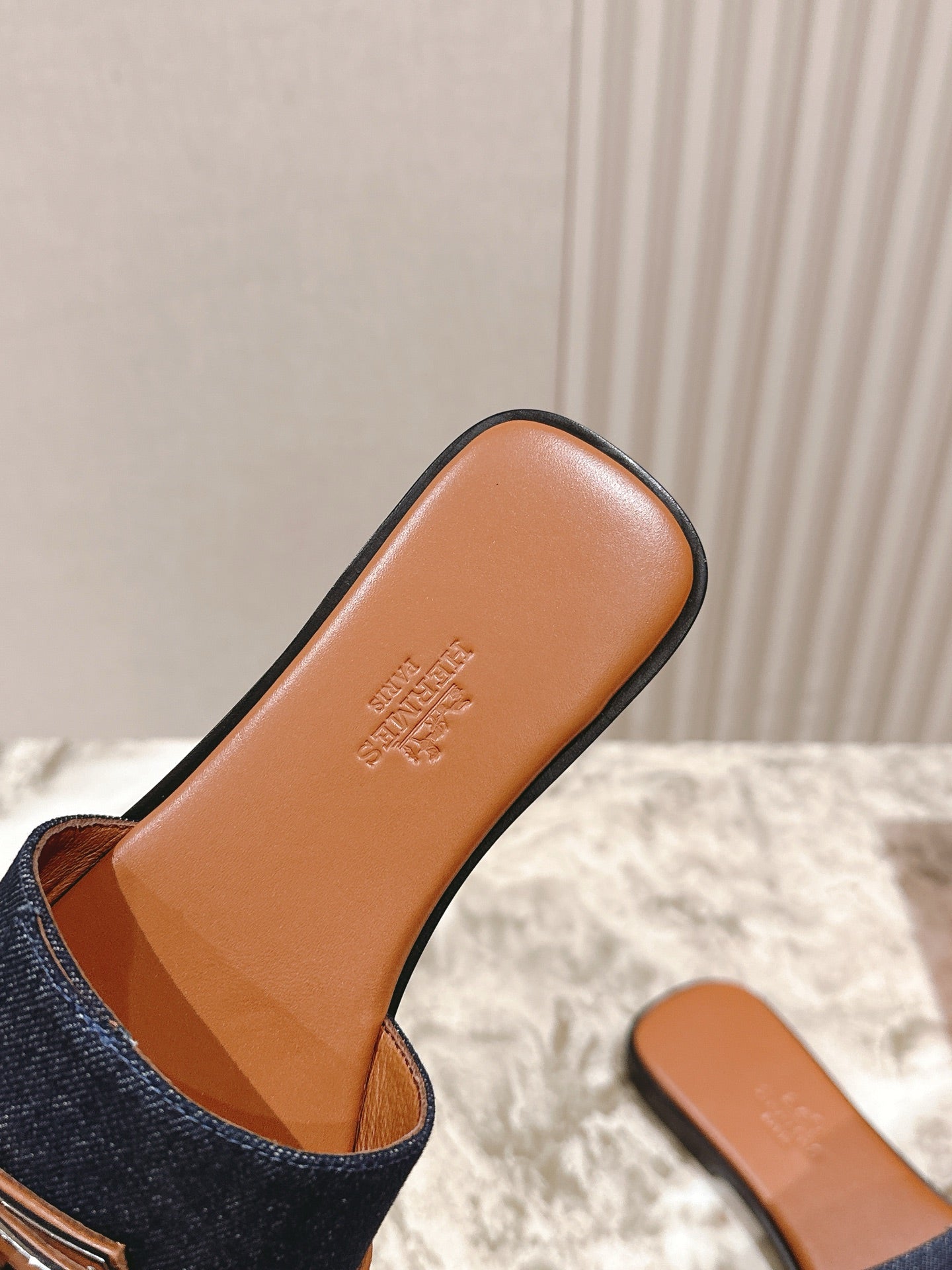 HM 2026 Flat Slippers Tan Brown Blue Denim Calfskin 655860