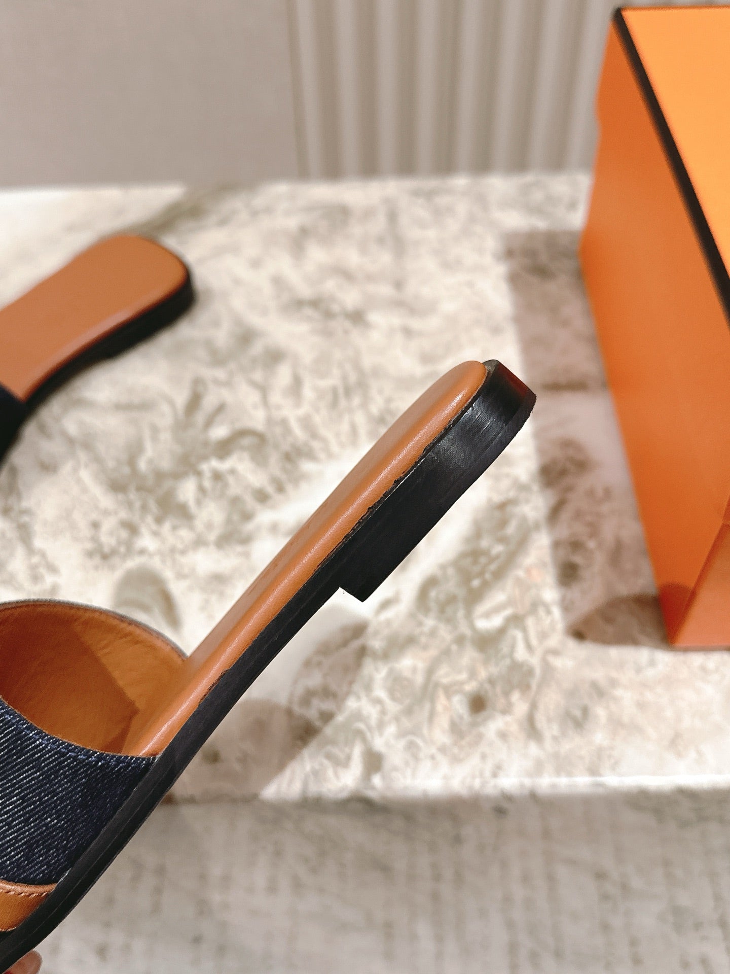 HM 2026 Flat Slippers Tan Brown Blue Denim Calfskin 655860