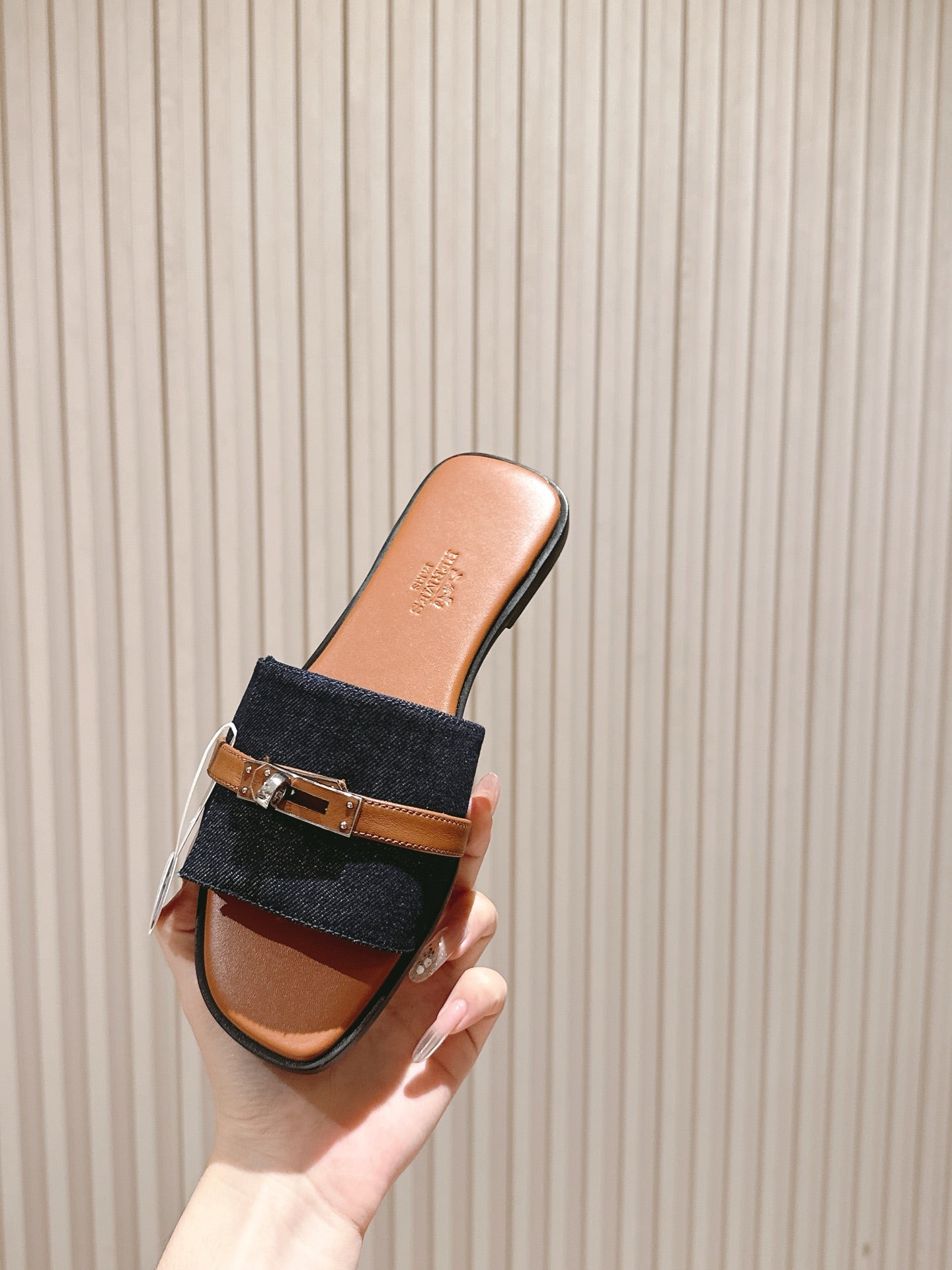 HM 2026 Flat Slippers Tan Brown Blue Denim Calfskin 655860