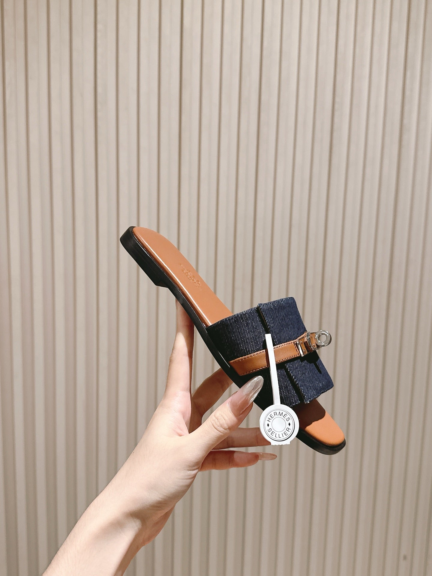 HM 2026 Flat Slippers Tan Brown Blue Denim Calfskin 655860