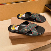 GG Men's Sandals Slide Green Black Leather