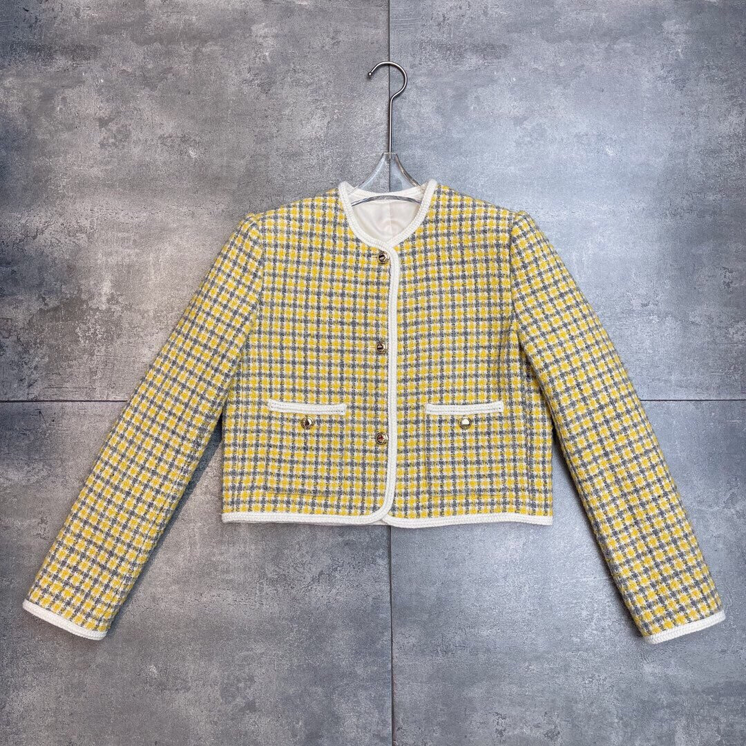 Miumiu 2025 Round Neck Long-sleeved Coat Yellow Wool