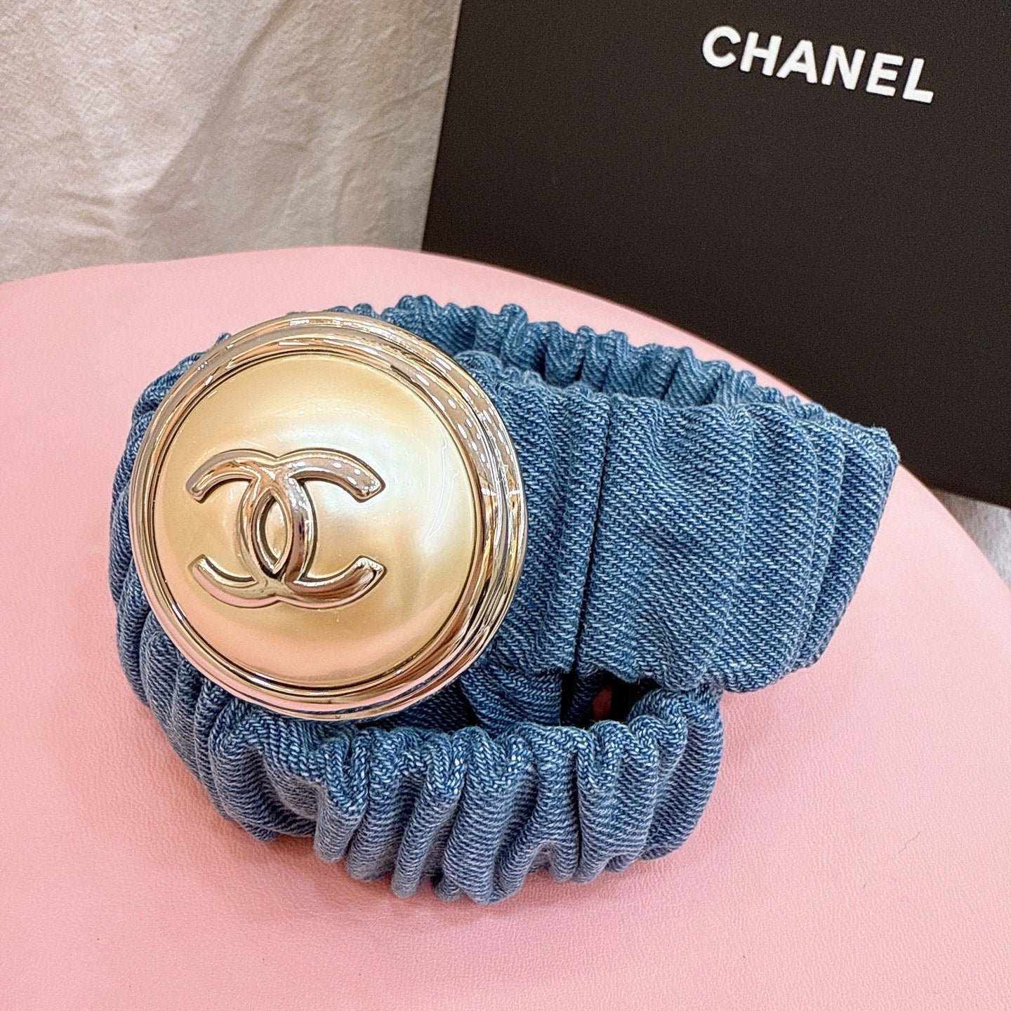 CC Elastic Waist Belt 3.0CM Blue Denim Gold Buckle 196835