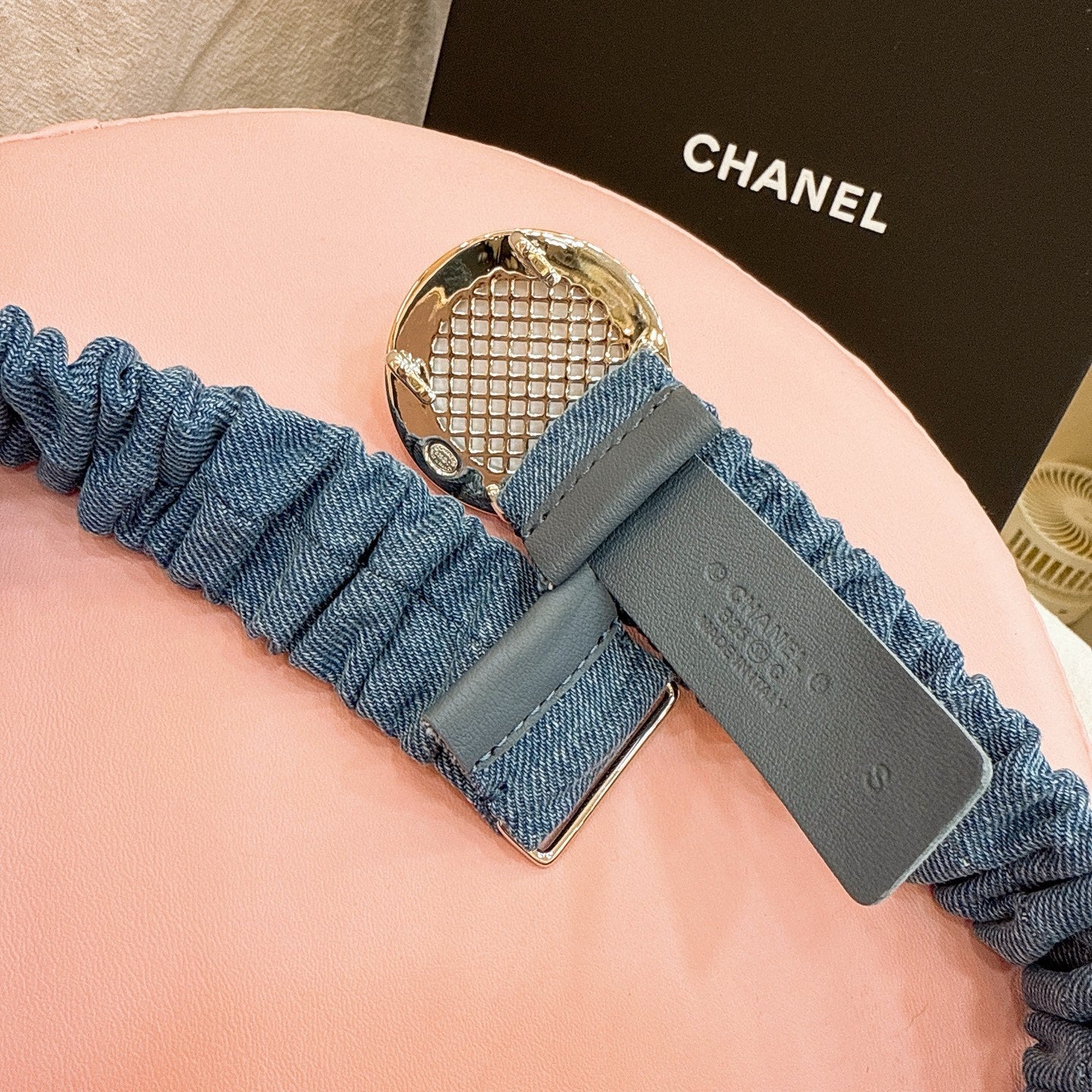 CC Elastic Waist Belt 3.0CM Blue Denim Gold Buckle 196835