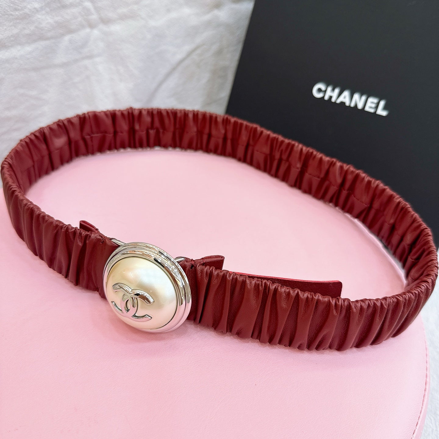 CC Elastic Waist Belt 3.0CM Red Calfskin Gold Buckle 196838