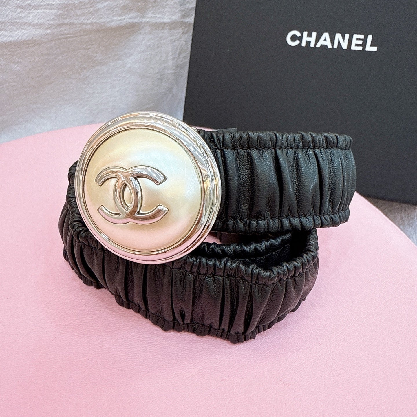 CC Elastic Waist Belt 3.0CM Black Calfskin Gold Buckle 196840