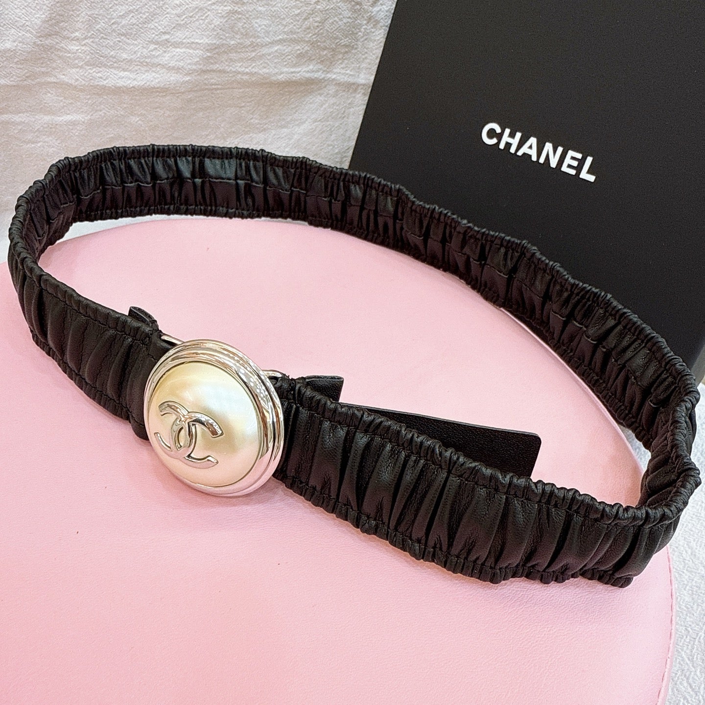 CC Elastic Waist Belt 3.0CM Black Calfskin Gold Buckle 196840