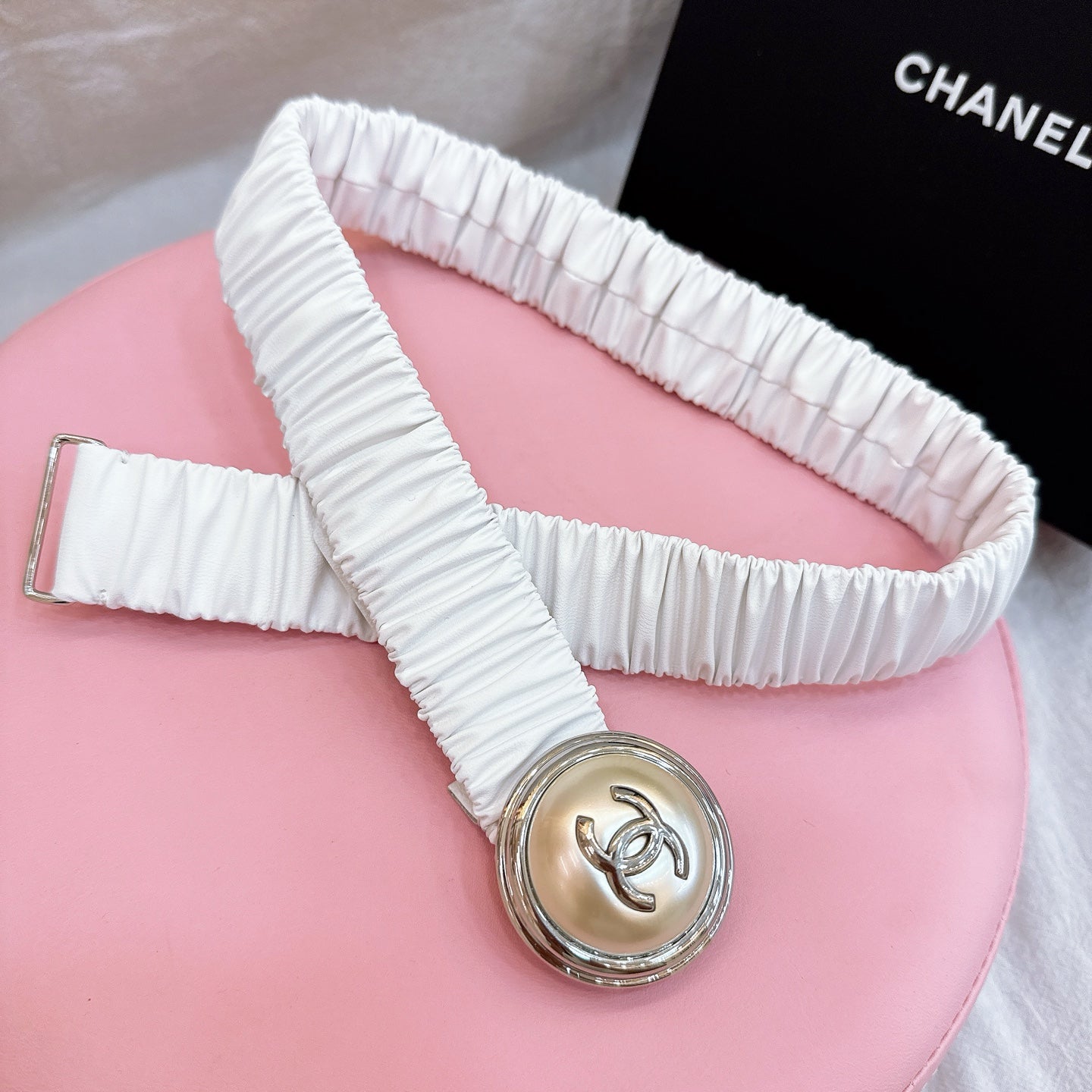 CC Elastic Waist Belt 3.0CM White Calfskin Gold Buckle 196841