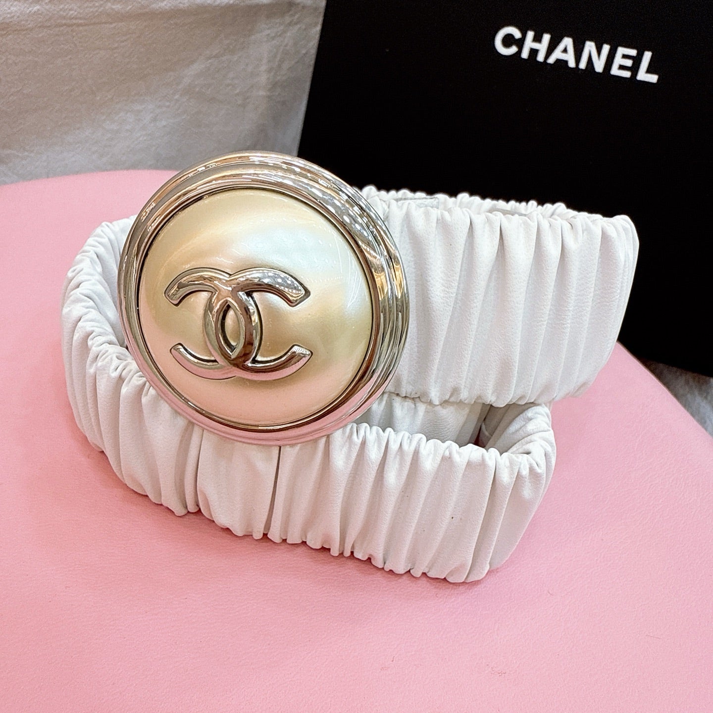 CC Elastic Waist Belt 3.0CM White Calfskin Gold Buckle 196841