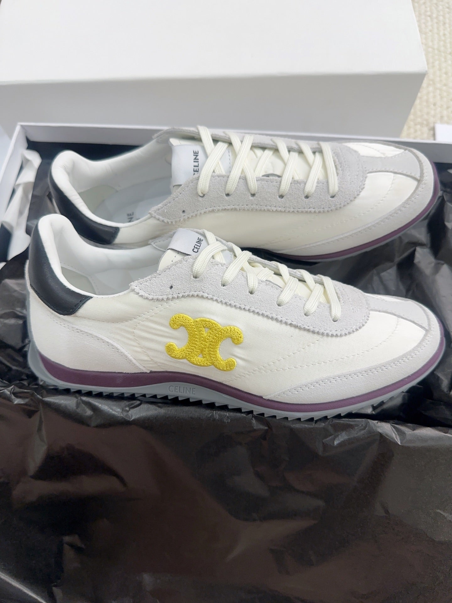 Celine 2026 Racer Sneakers Gray White Suede Fabric 103346