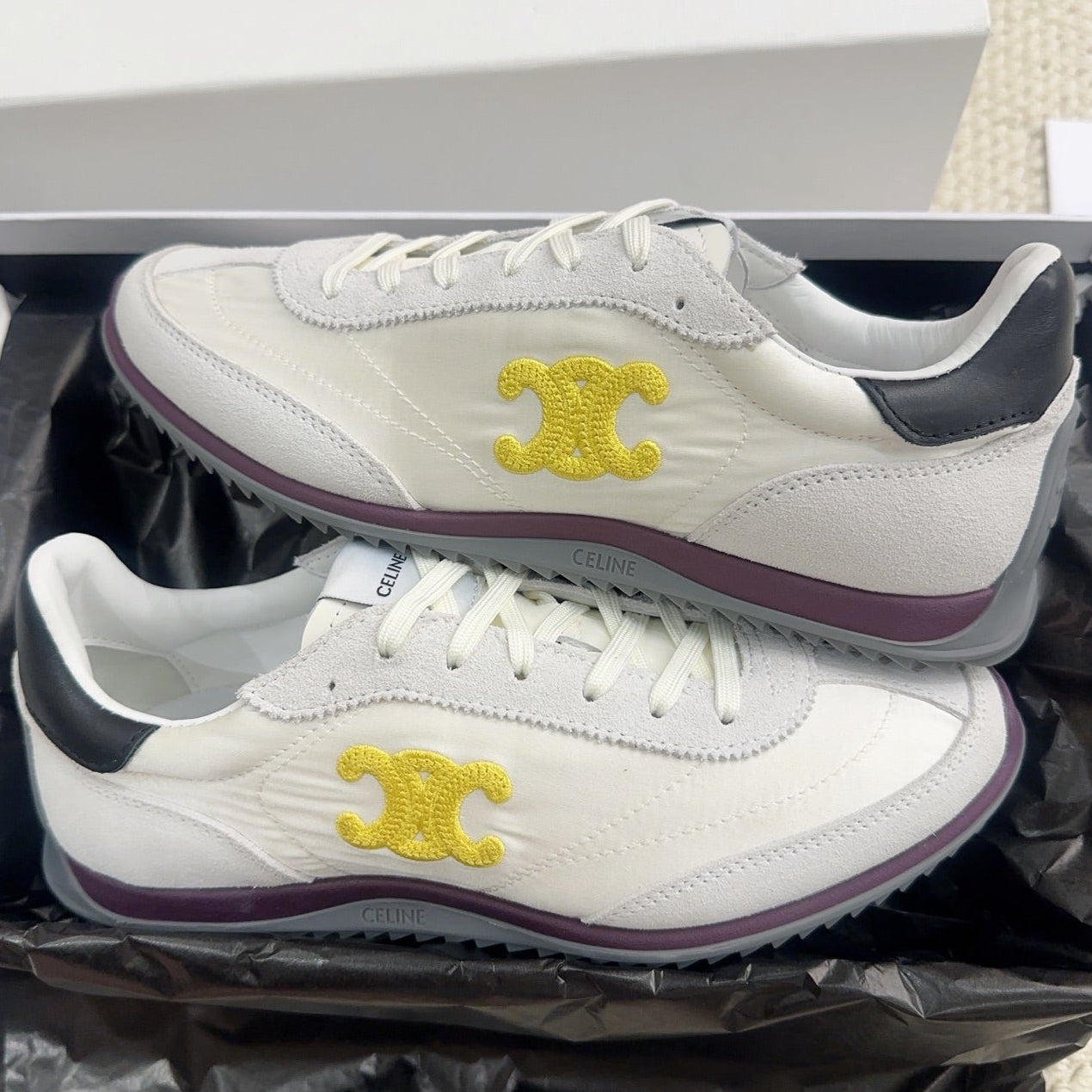 Celine 2026 Racer Sneakers Gray White Suede Fabric 103346