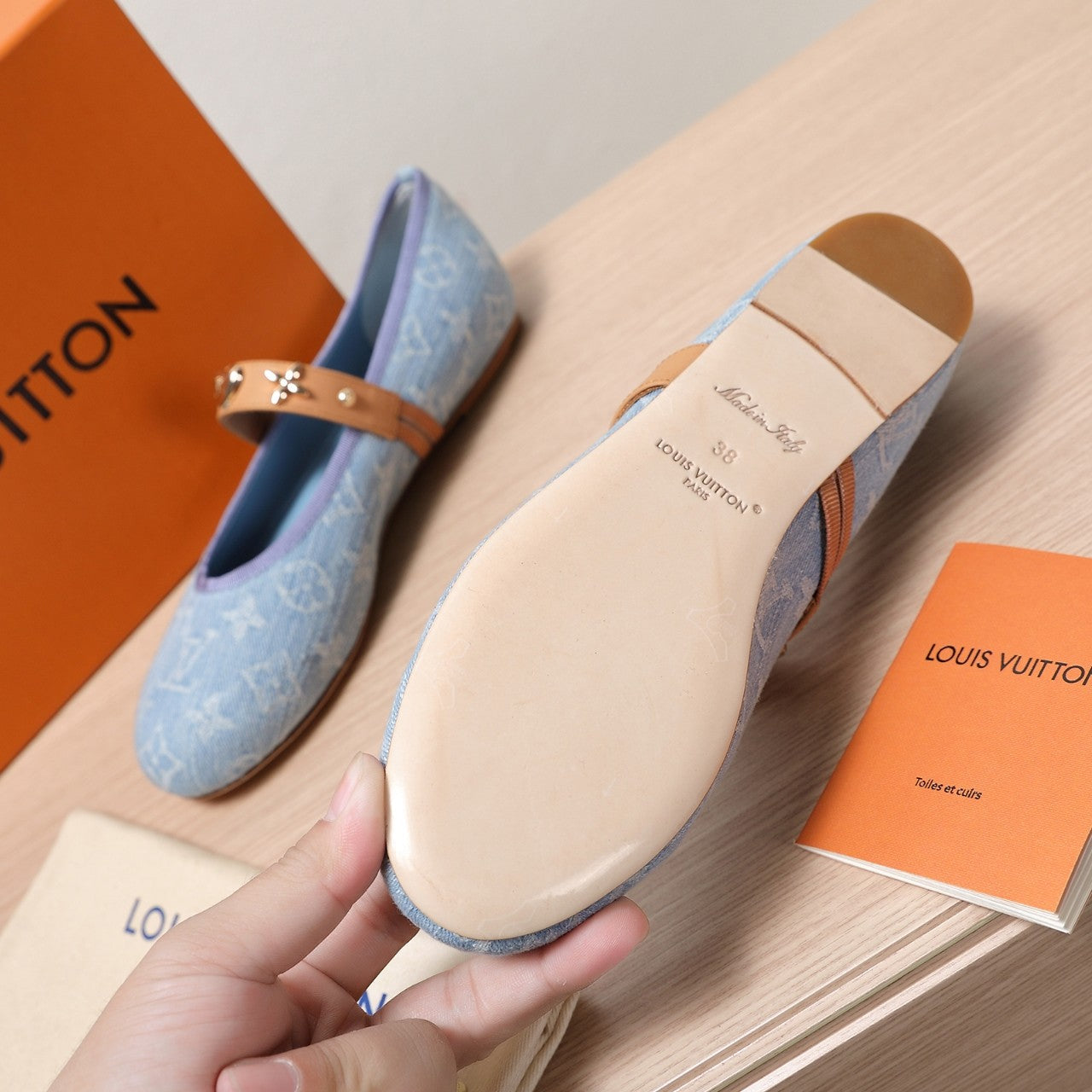 LV 25C Romy Flat Blue Pastel Monogram Denim Fabric With gold logo 218310