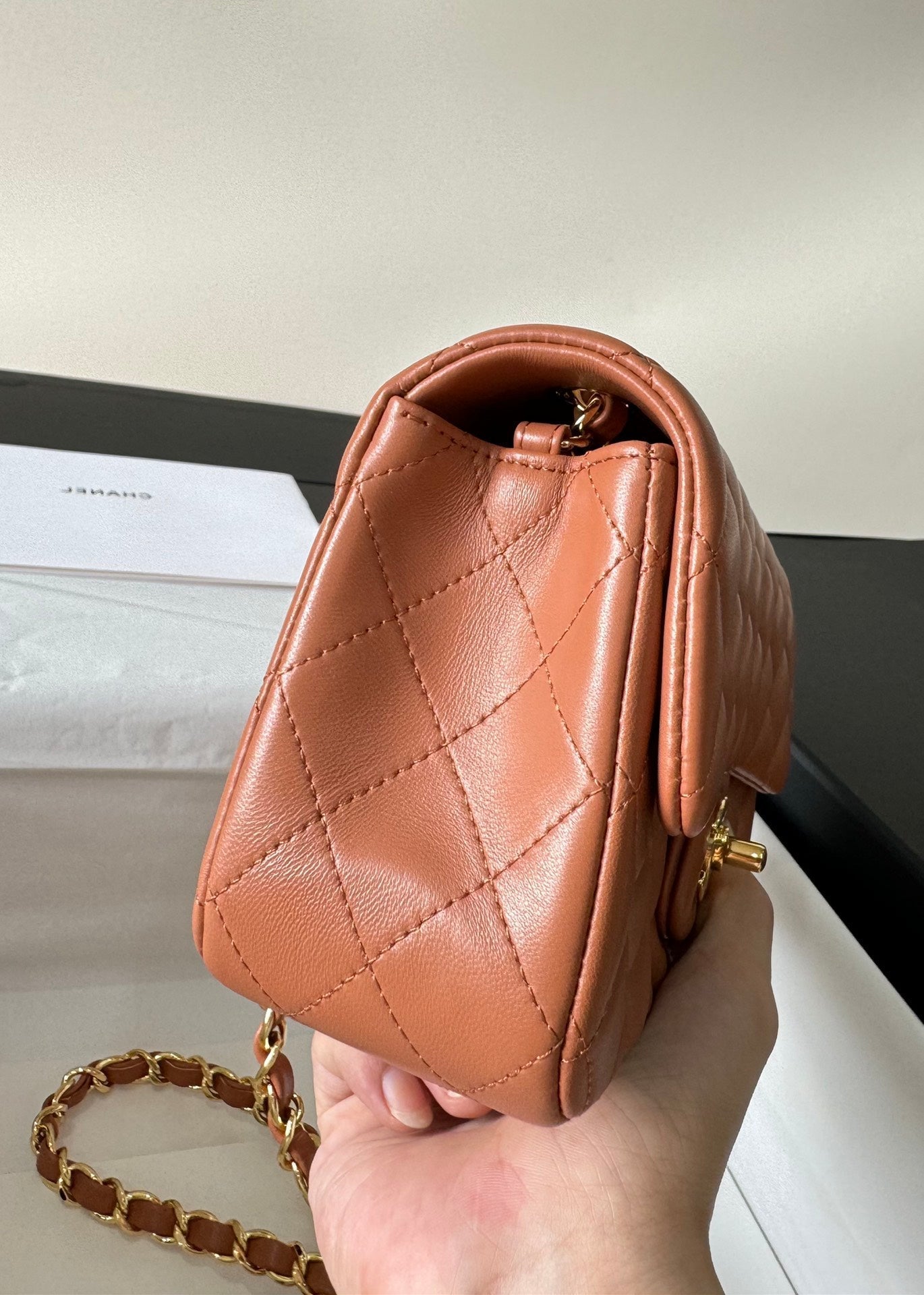 flap bag mini 20 brown lambskin gold hardware