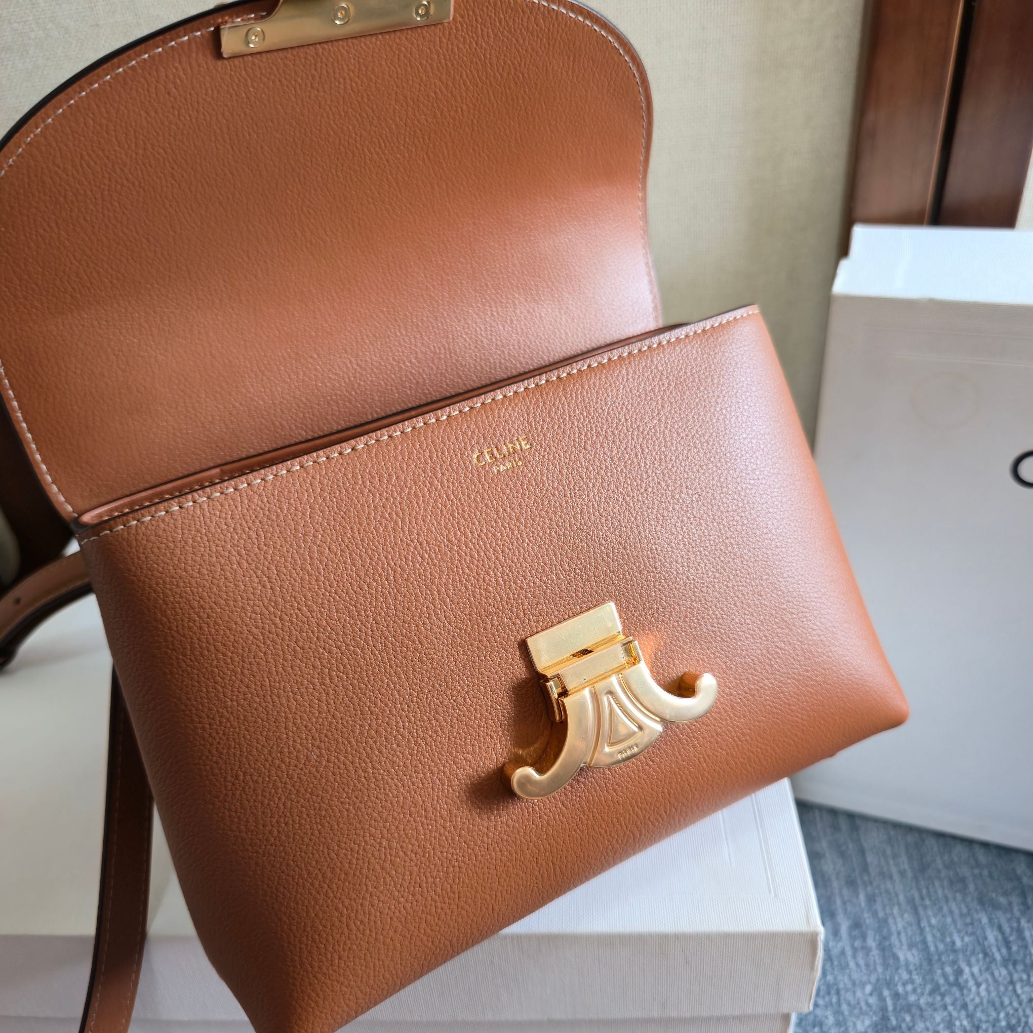 Celine 2026 Teen Nino Bag 20.5cm Tan Supple Grained Calfskin