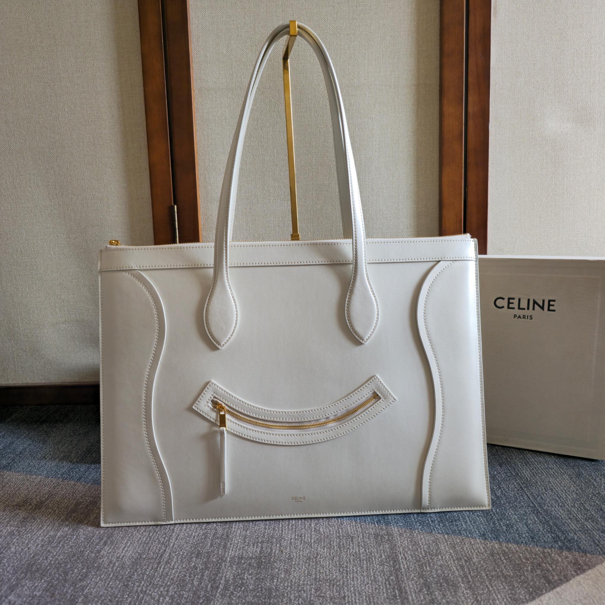 Celine 2026 Flat Cabas New Luggage Bag White Calfskin 276203