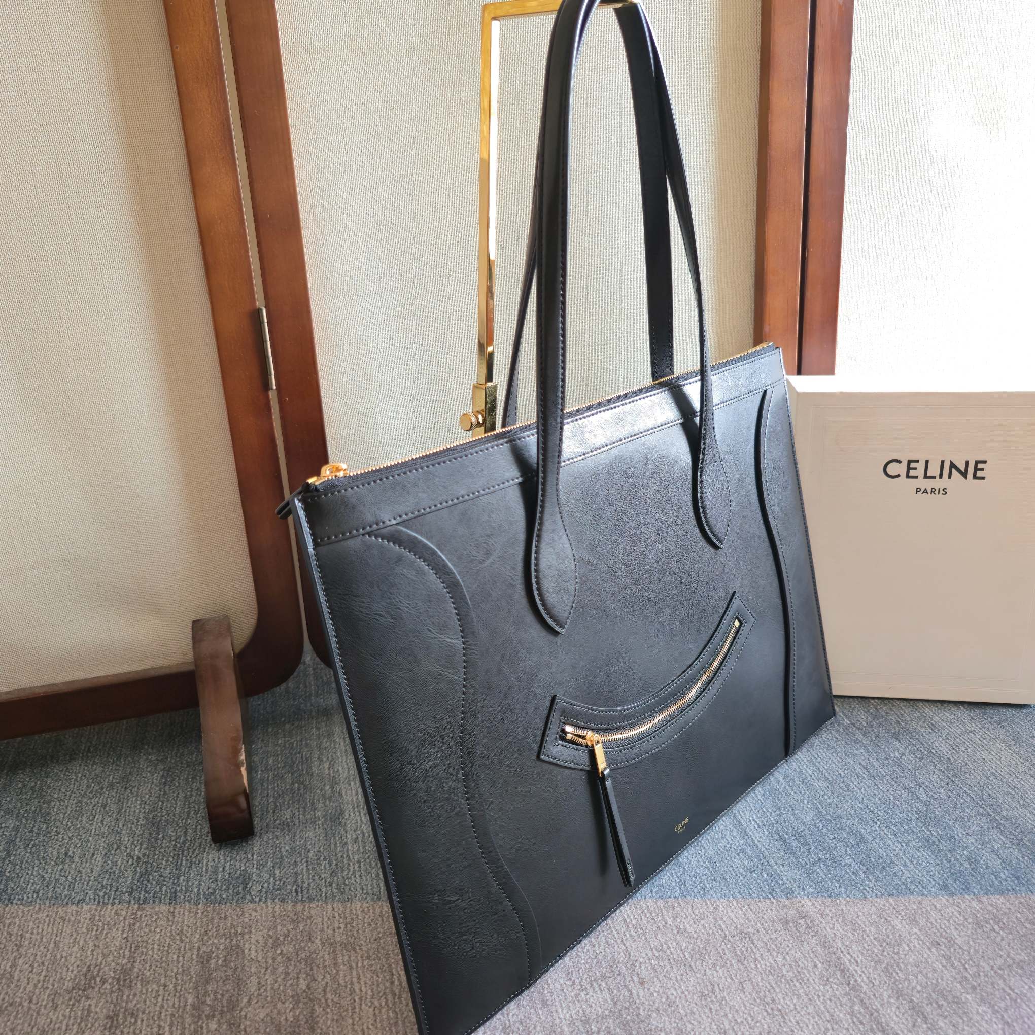Celine 2026 Flat Cabas New Luggage Bag Black Calfskin 276207