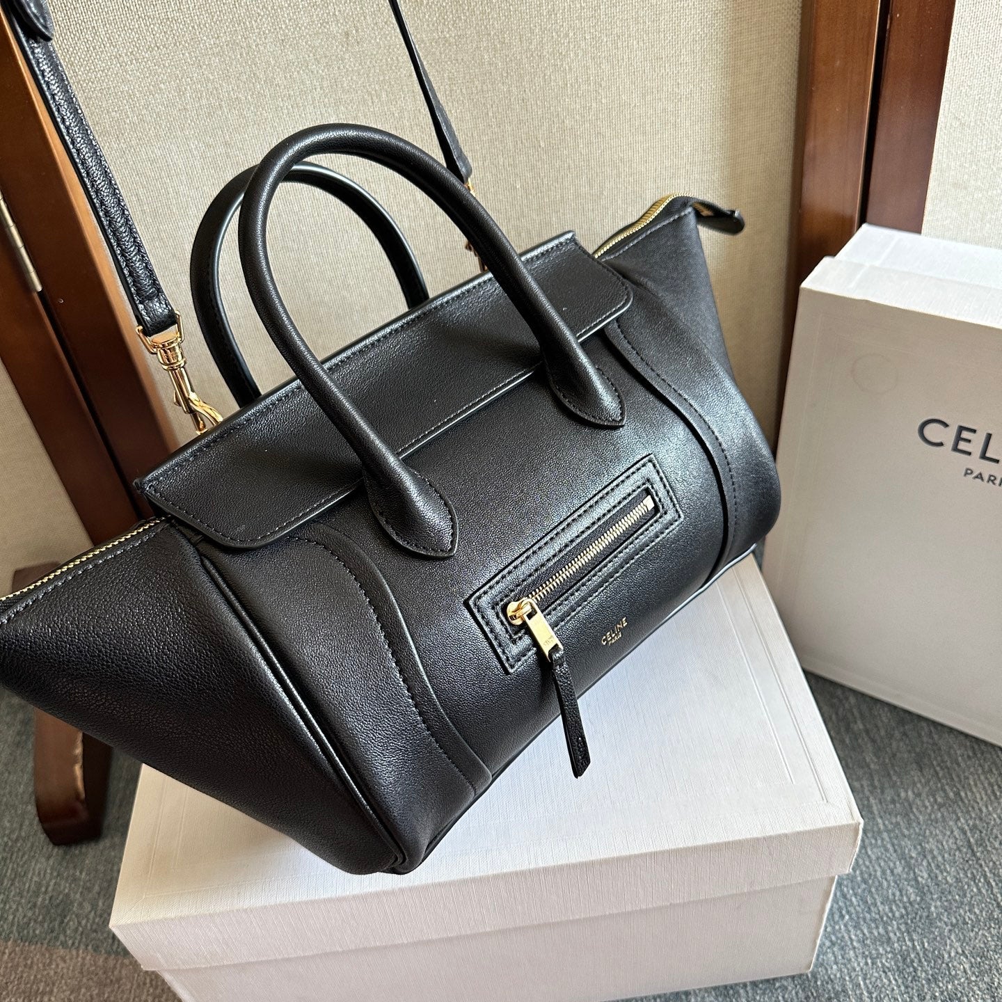 Celine 2026 Luggage Black Shiny Lambskin 276248