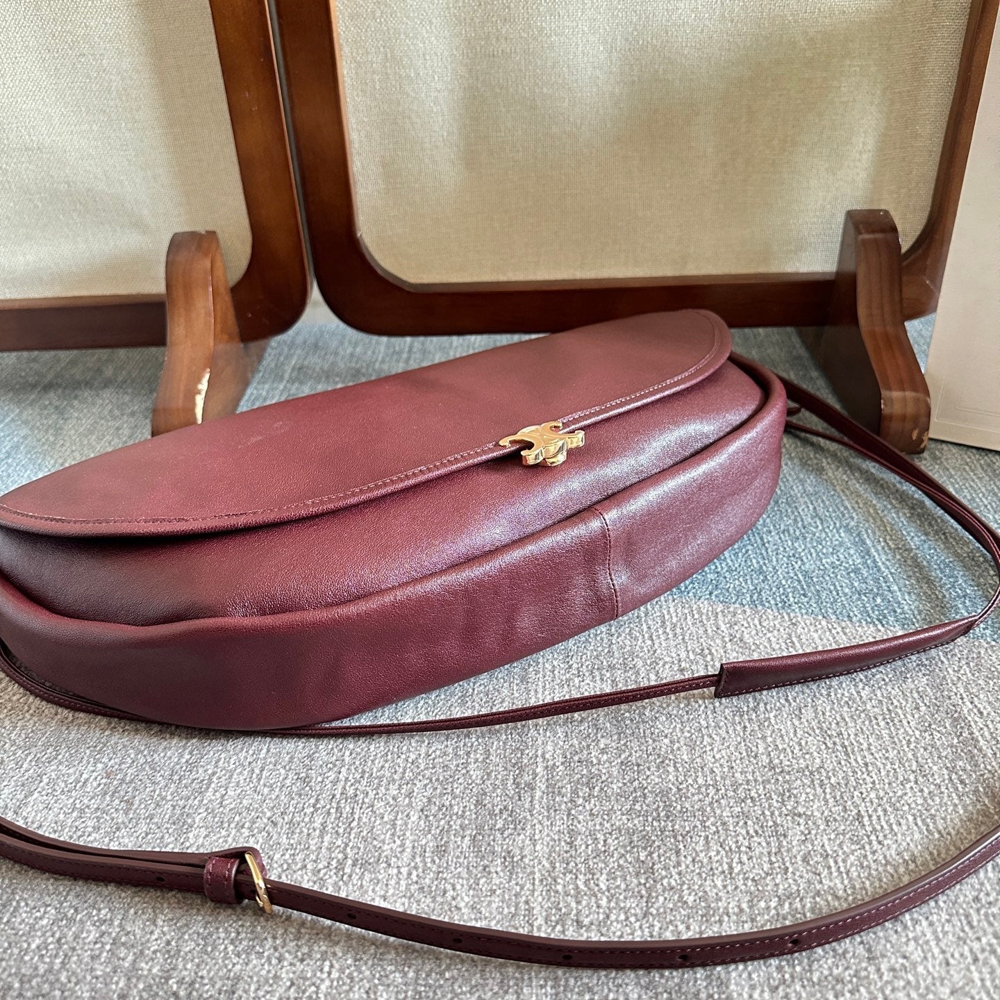 Celine 2025 Halfmoon Soft Triomphe Bag Burgundy Shiny Lambskin