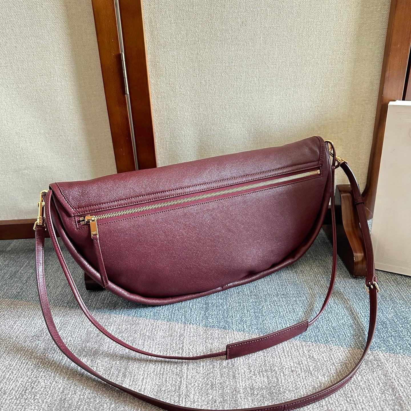 Celine 2025 Halfmoon Soft Triomphe Bag Burgundy Shiny Lambskin