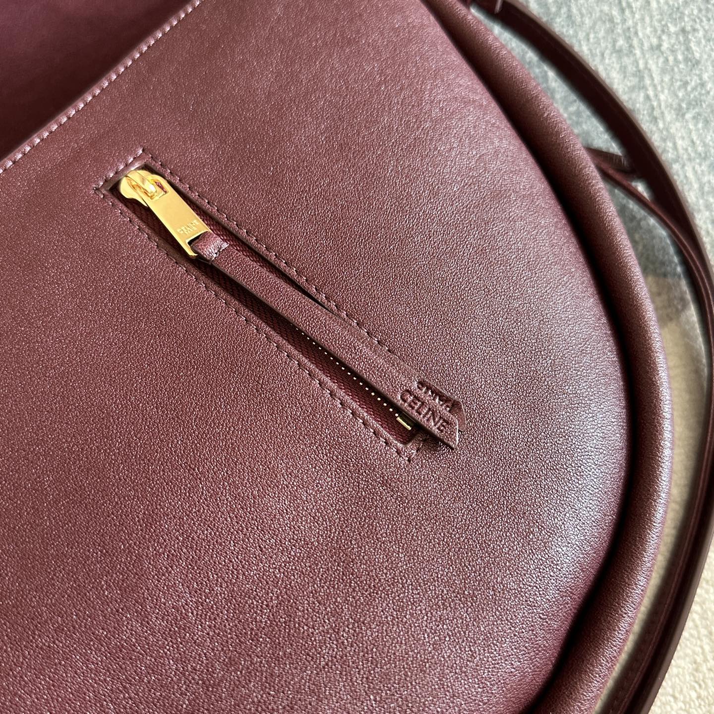 Celine 2025 Halfmoon Soft Triomphe Bag Burgundy Shiny Lambskin