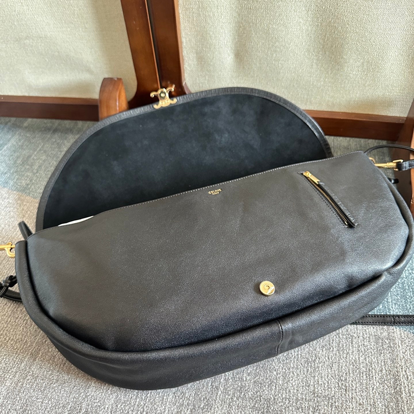 Celine 2025 Halfmoon Soft Triomphe Bag Black Shiny Lambskin