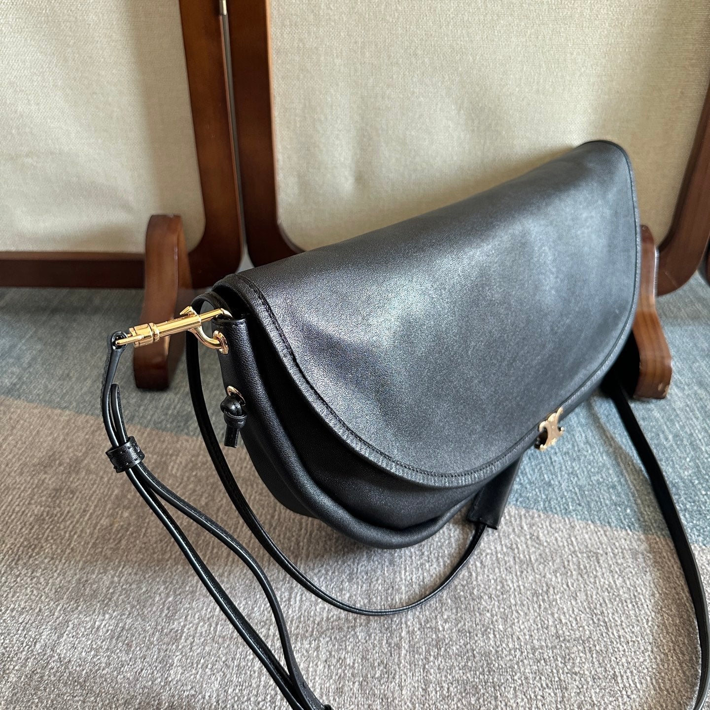 Celine 2025 Halfmoon Soft Triomphe Bag Black Shiny Lambskin