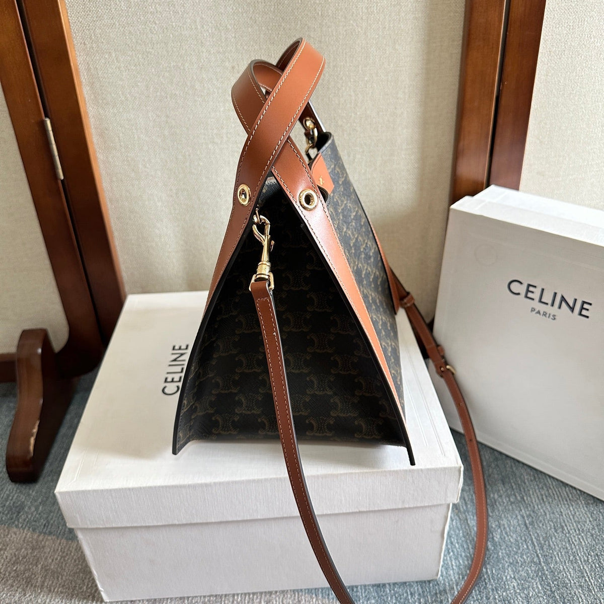 Celine 2025 Cube Bag 21cm Black Tan Canvas Calfskin 276297
