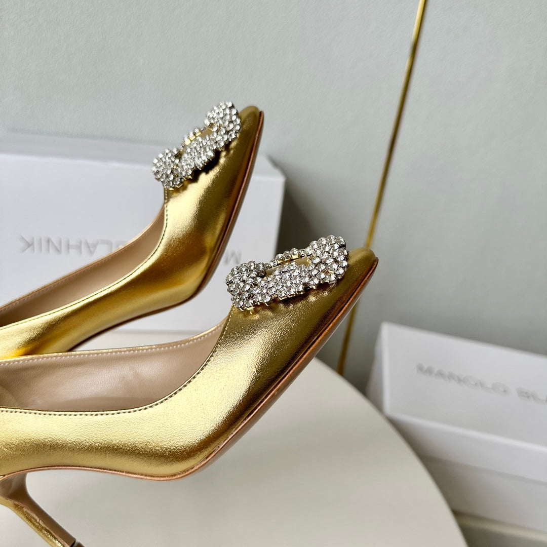 Manolo Diamond Buckle Pumps Gold Mirror Cowhide 451182