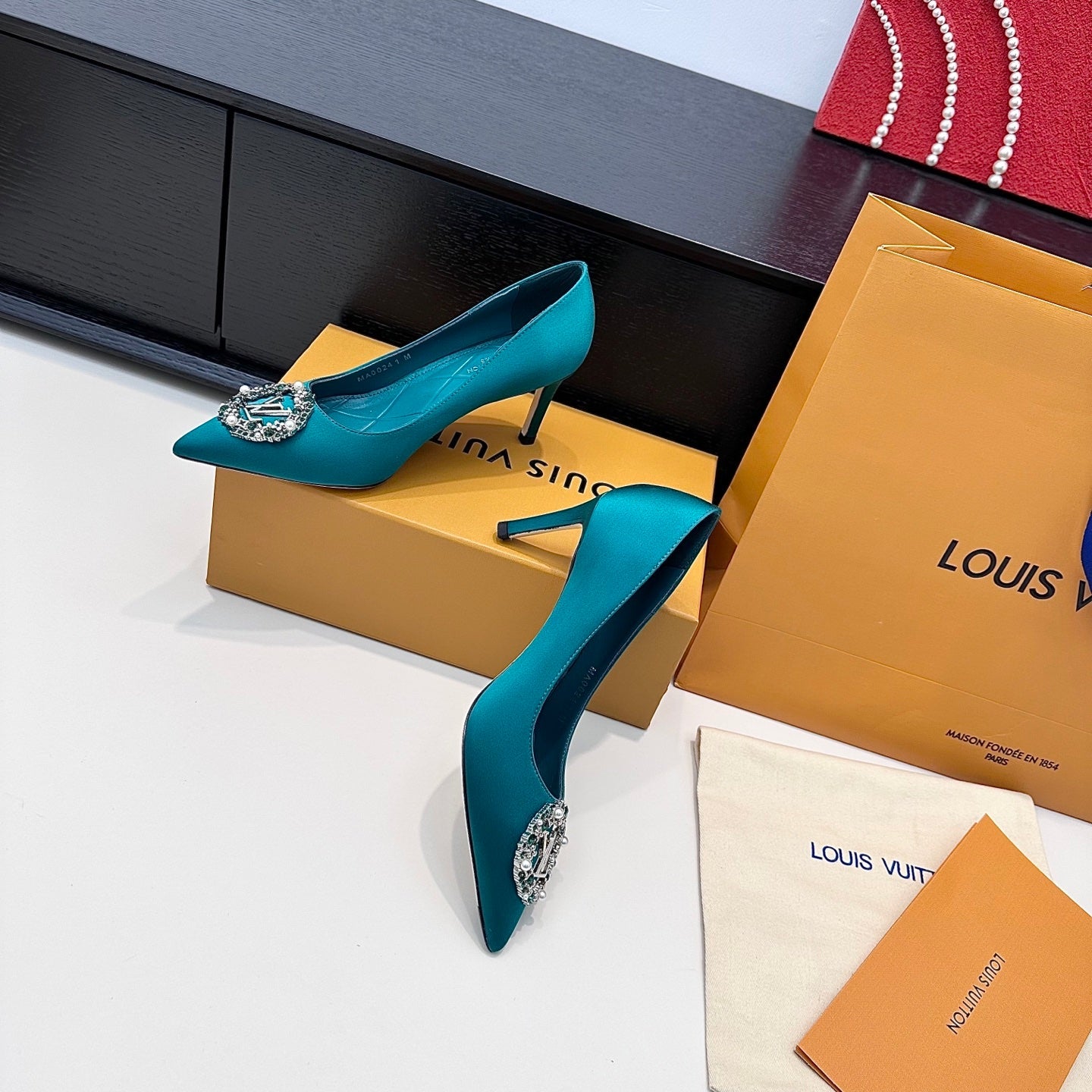 LV 26s  Pointed-Toe High Heels 75 Teal Blue Premium Satin 622438