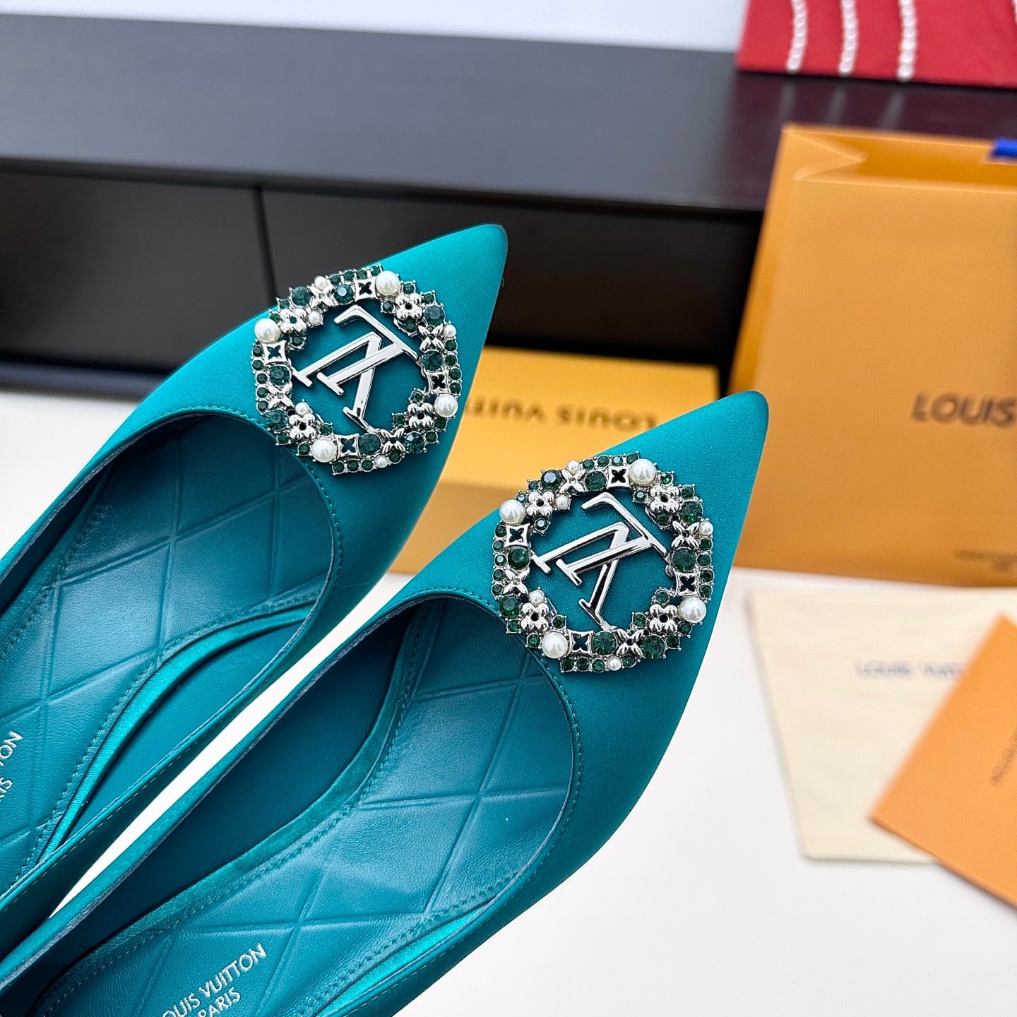 LV 26s  Pointed-Toe High Heels 75 Teal Blue Premium Satin 622438