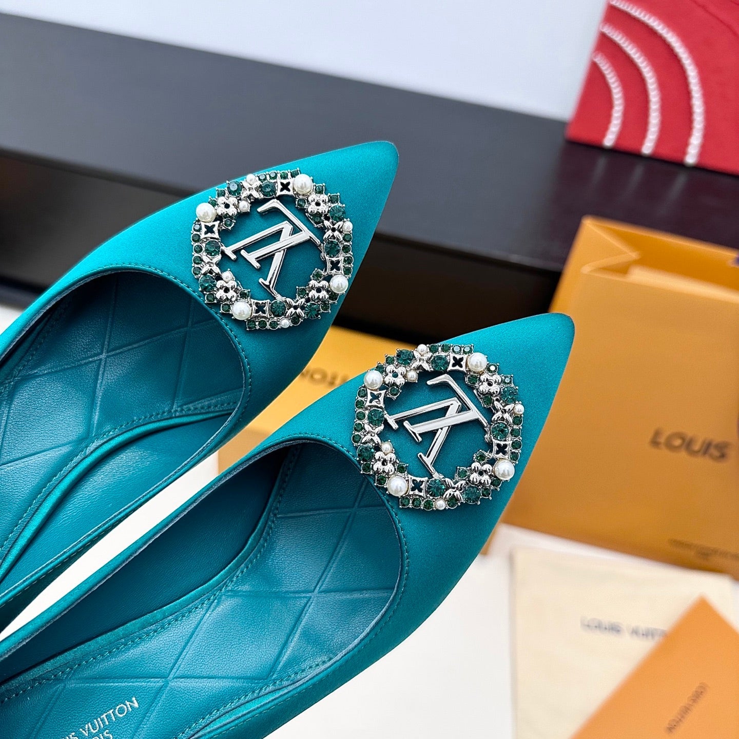 LV 26s  Pointed-Toe High Heels 95 Teal Blue Premium Satin 622439