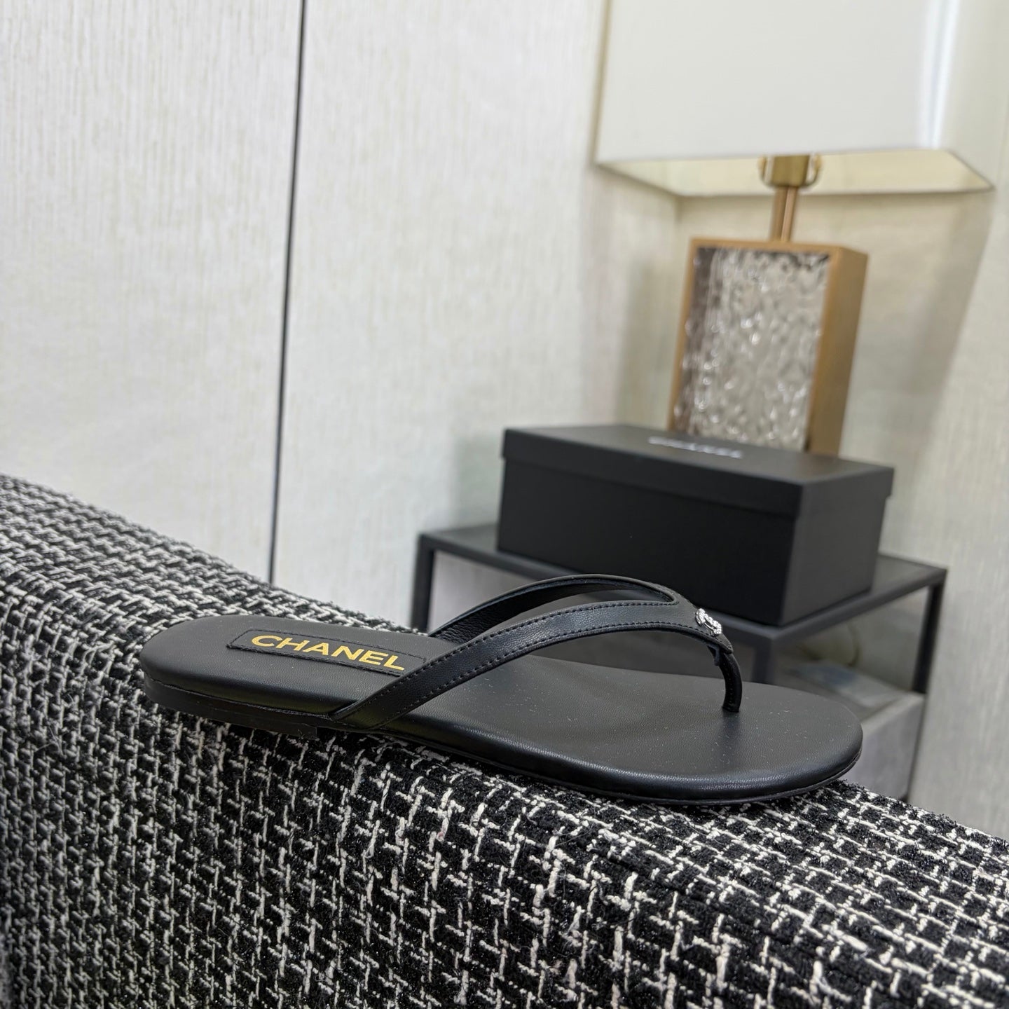 Chanel 2026 Classic CC Logo Flip Flops Black Sheepskin 826169