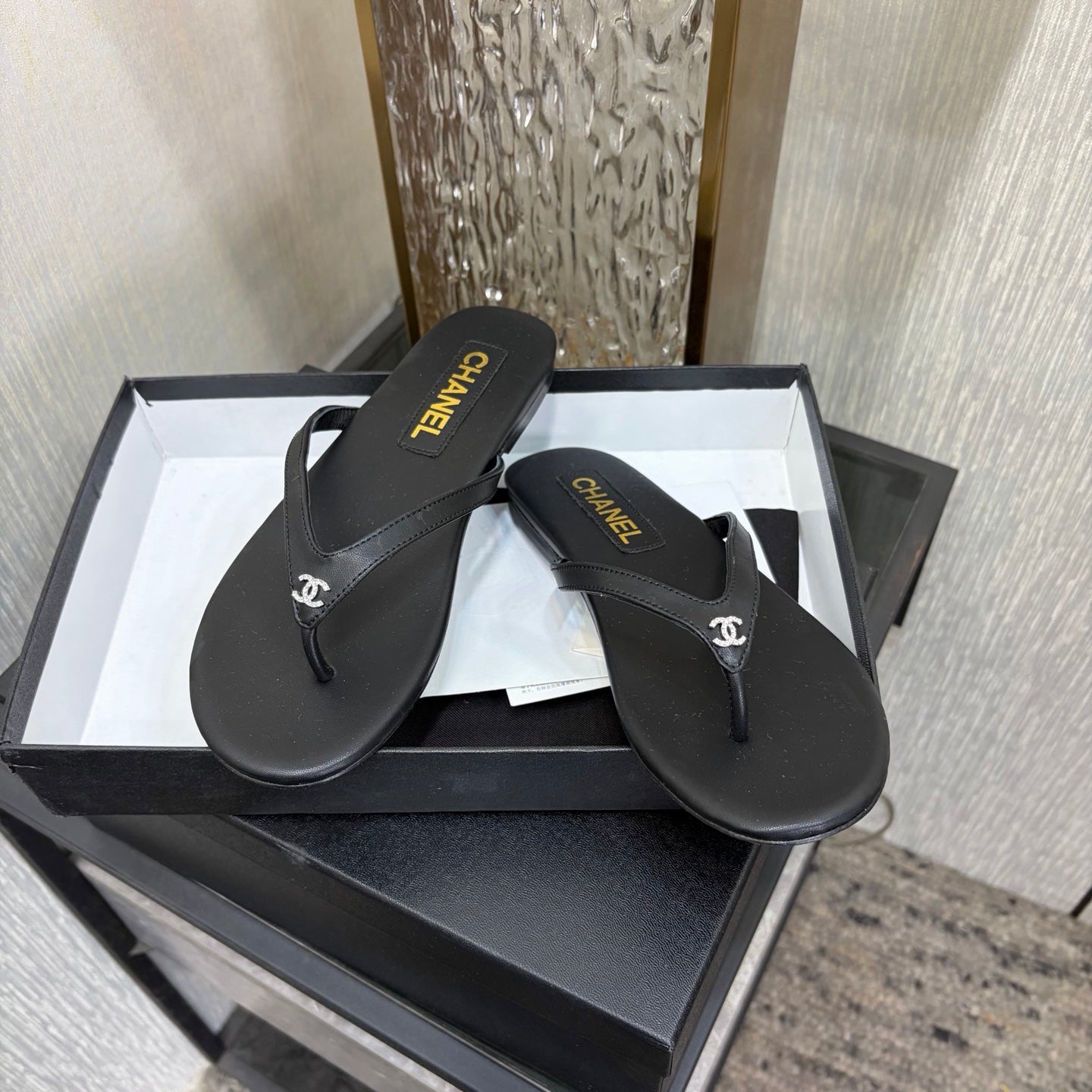 Chanel 2026 Classic CC Logo Flip Flops Black Sheepskin 826169