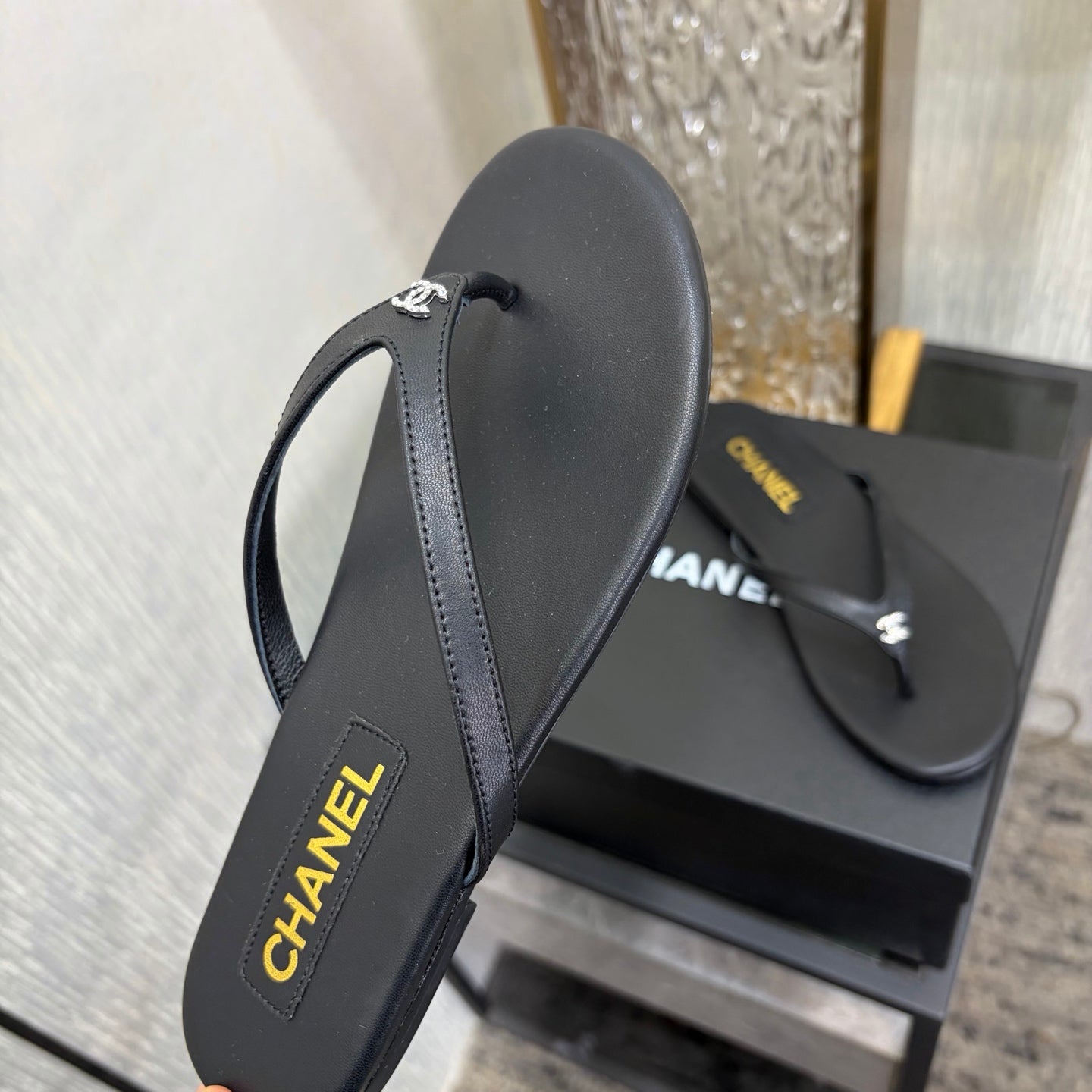 Chanel 2026 Classic CC Logo Flip Flops Black Sheepskin 826169