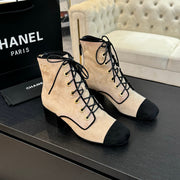 CC LACE-UP SHORT BOOTS IN SEPIA BEIGE MIX BLACK SUEDE