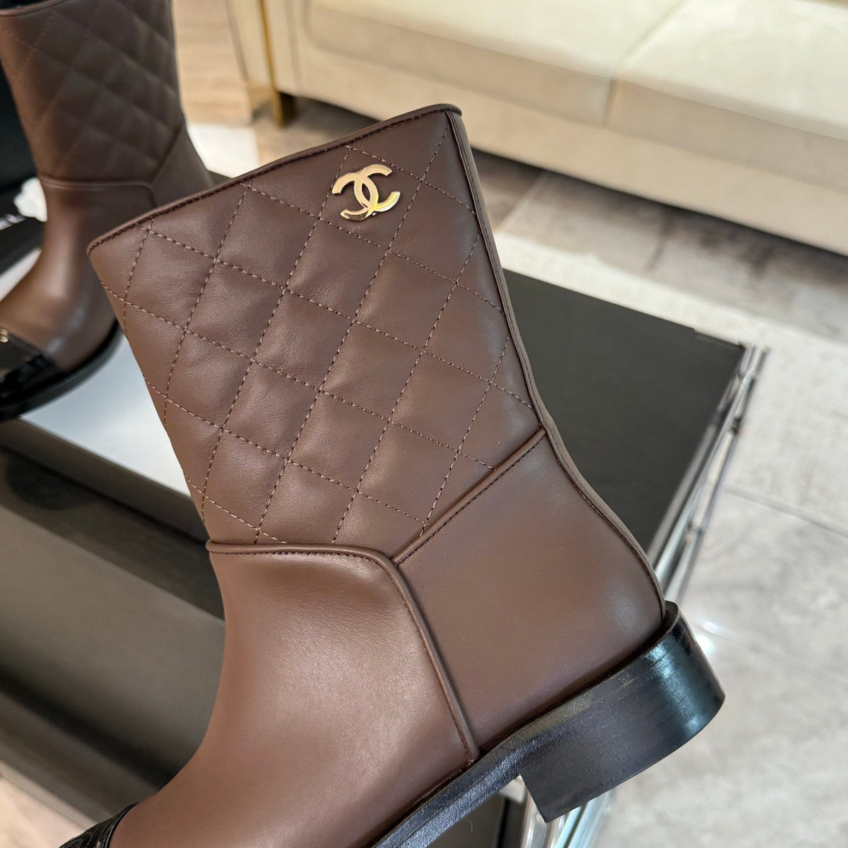 CC Ankle Boots 30mm Earth Brown Calfskin Quilted
