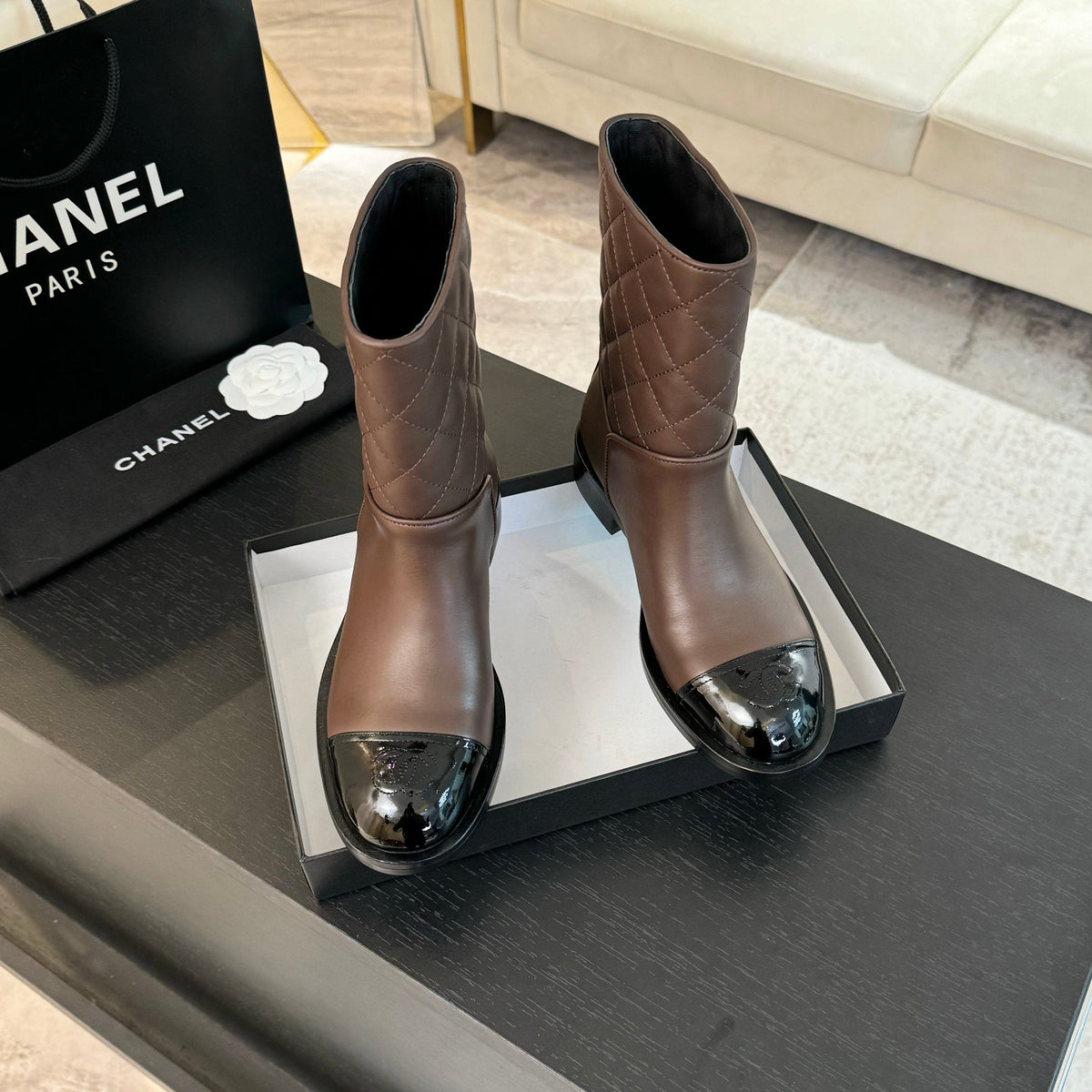 CC Ankle Boots 30mm Earth Brown Calfskin Quilted