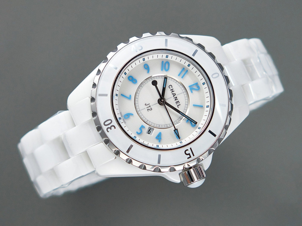 J12 Date Quartz White Ceramic Blue Numerals White Dial