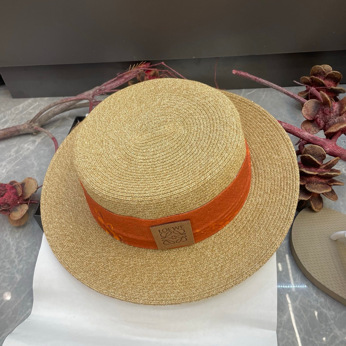 Loewe Floral Ribbon Band Straw Hat 216016