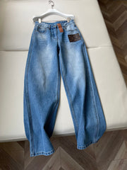 LV Flower Leather Label Straight Jeans Blue Cotton