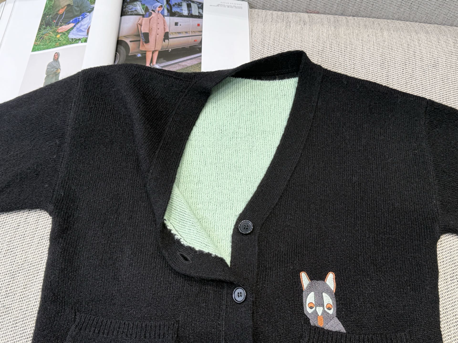 Loewe 2025 V-Neck Button-Up Cardigan Black Mix Colors Wool 331646