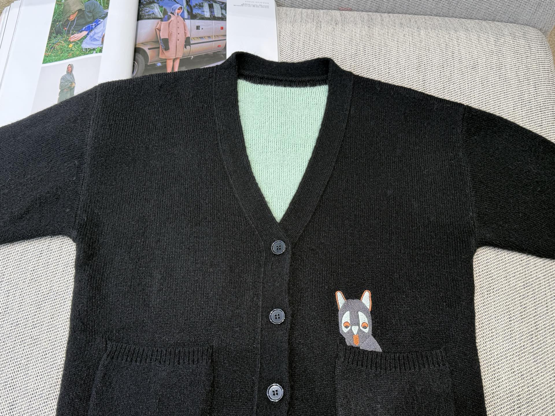 Loewe 2025 V-Neck Button-Up Cardigan Black Mix Colors Wool 331646