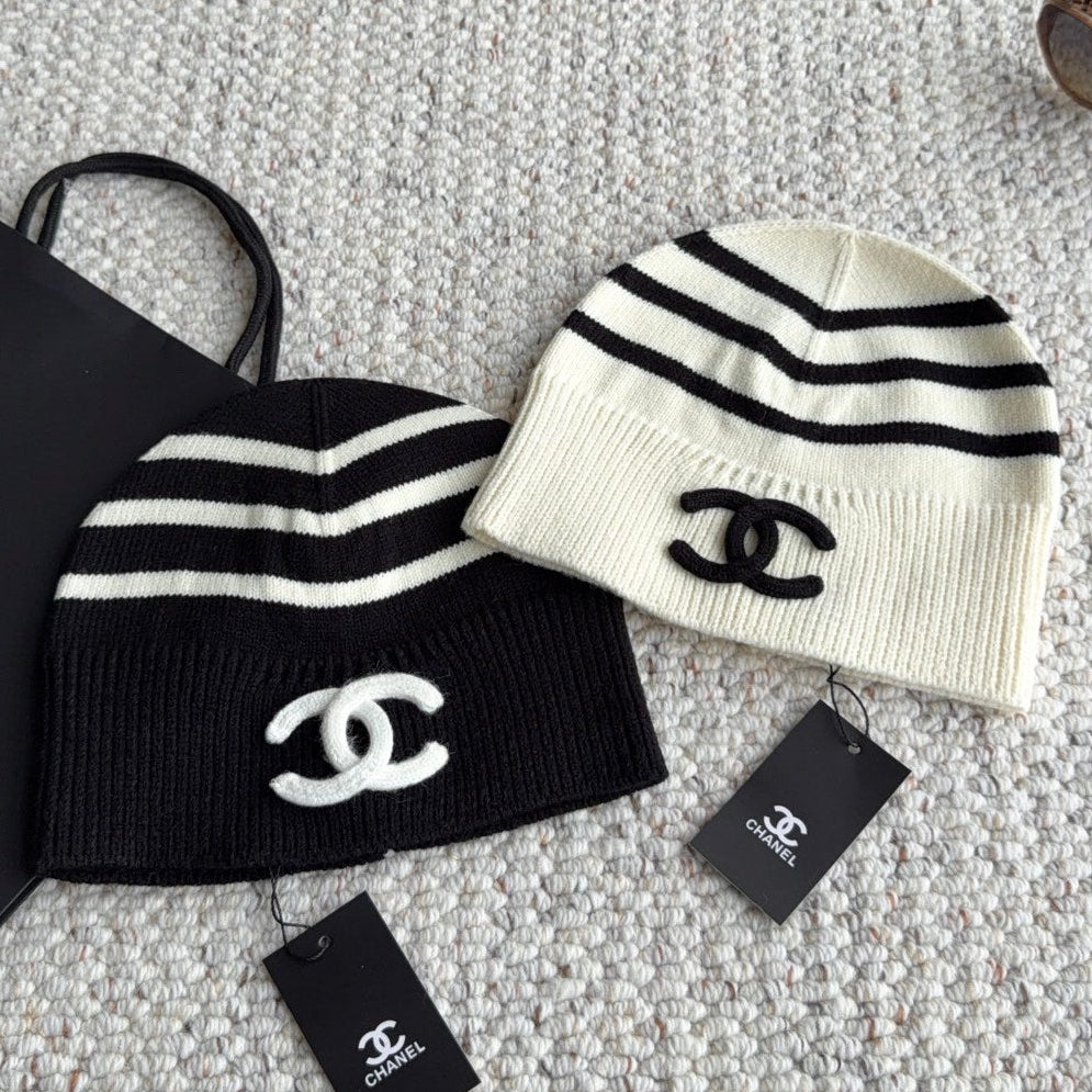 Chanel Striped Knit Beanie Hat 454061