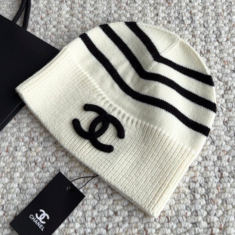 Chanel Striped Knit Beanie Hat 454061