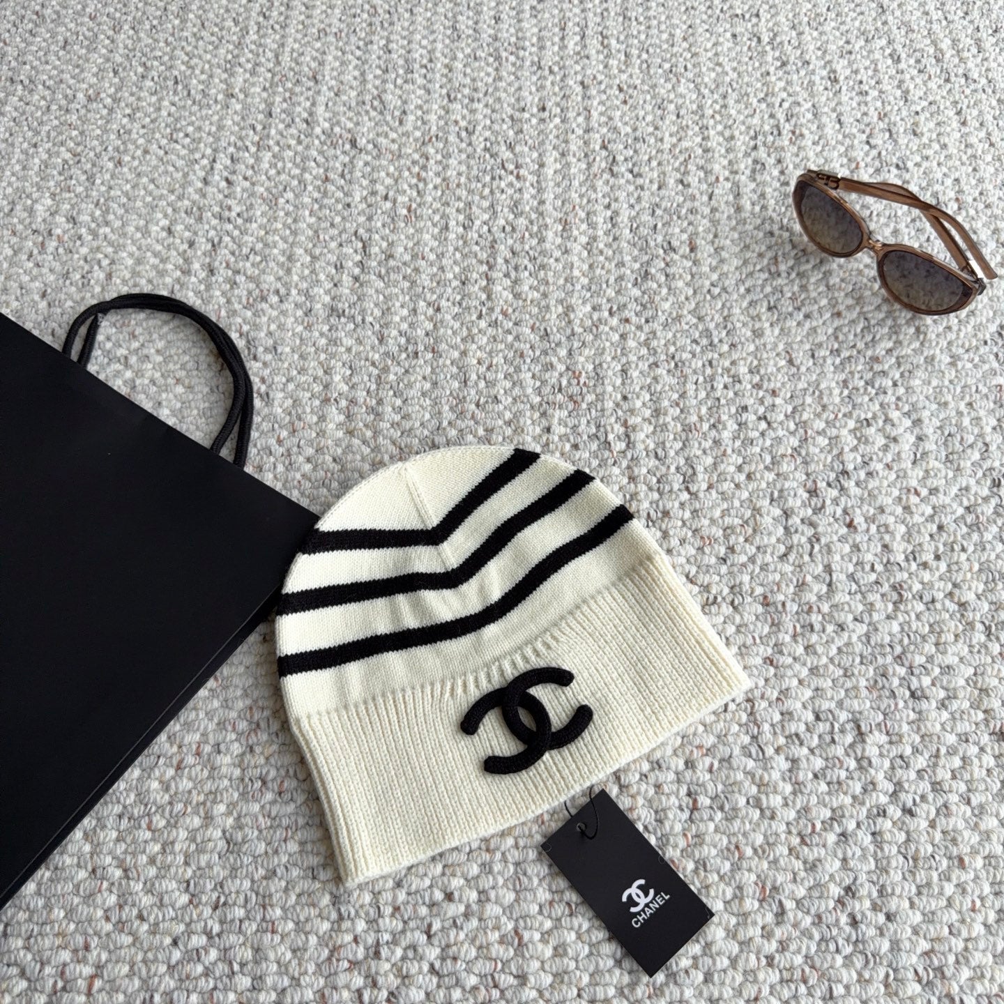 Chanel Striped Knit Beanie Hat 454061
