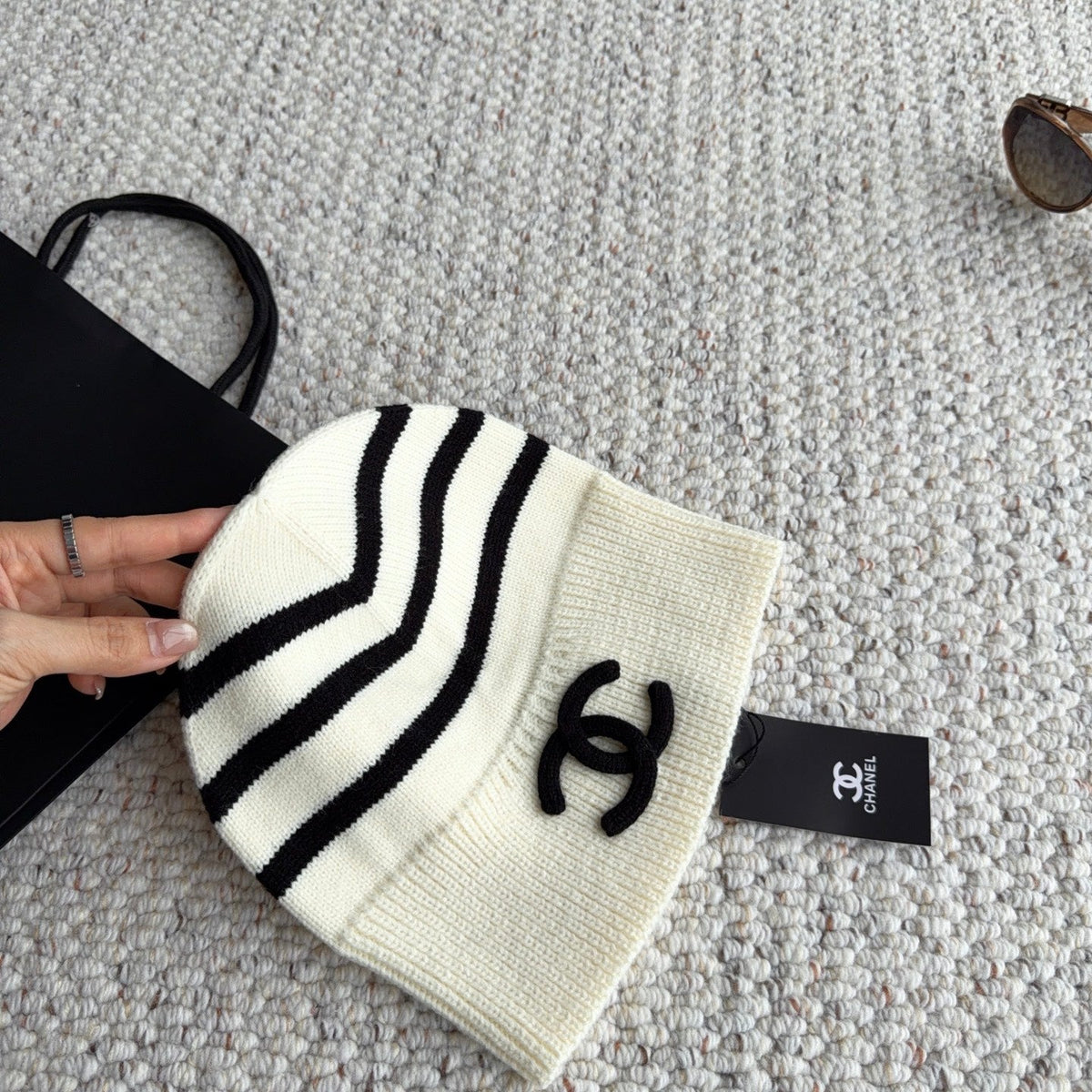 Chanel Striped Knit Beanie Hat 454061
