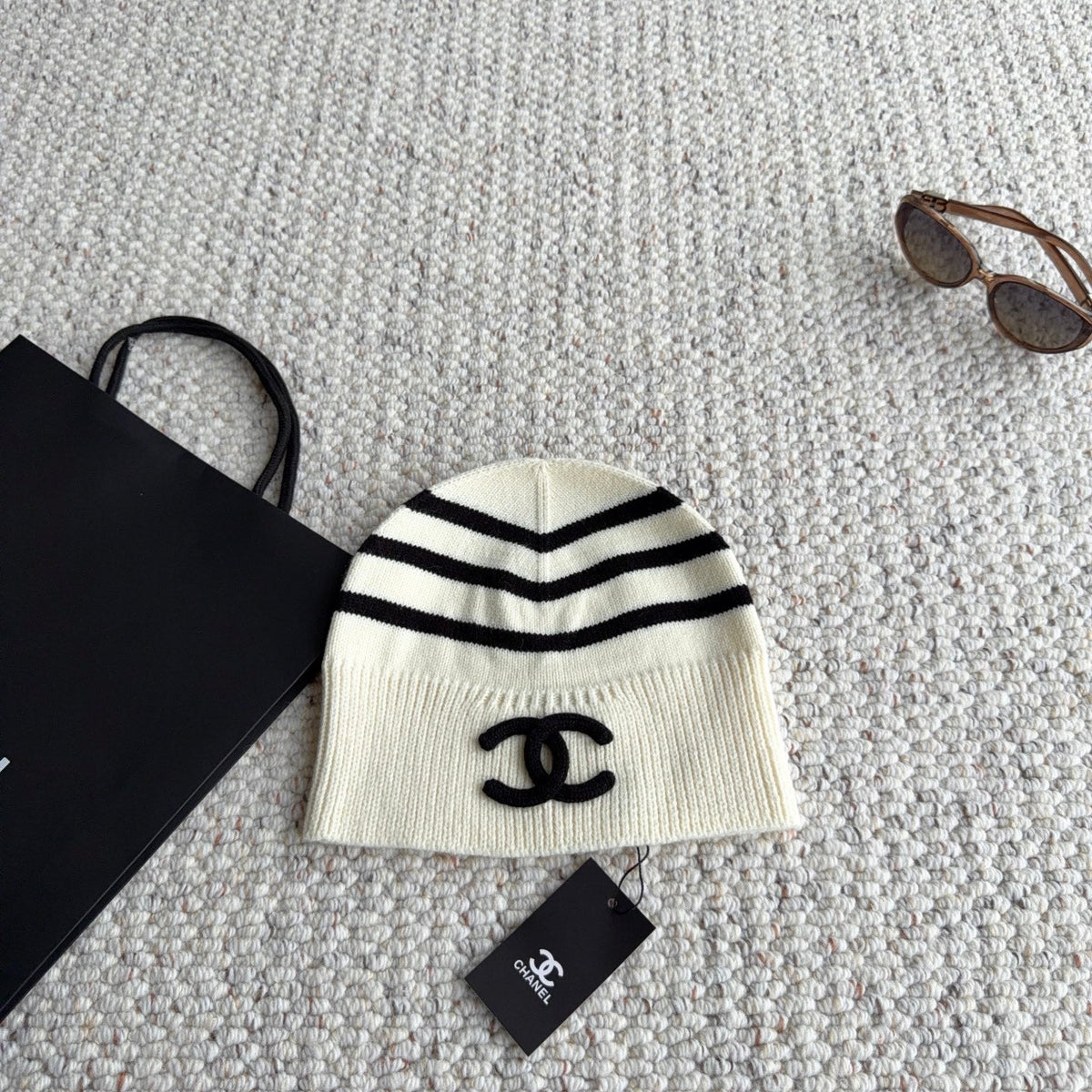 Chanel Striped Knit Beanie Hat 454061