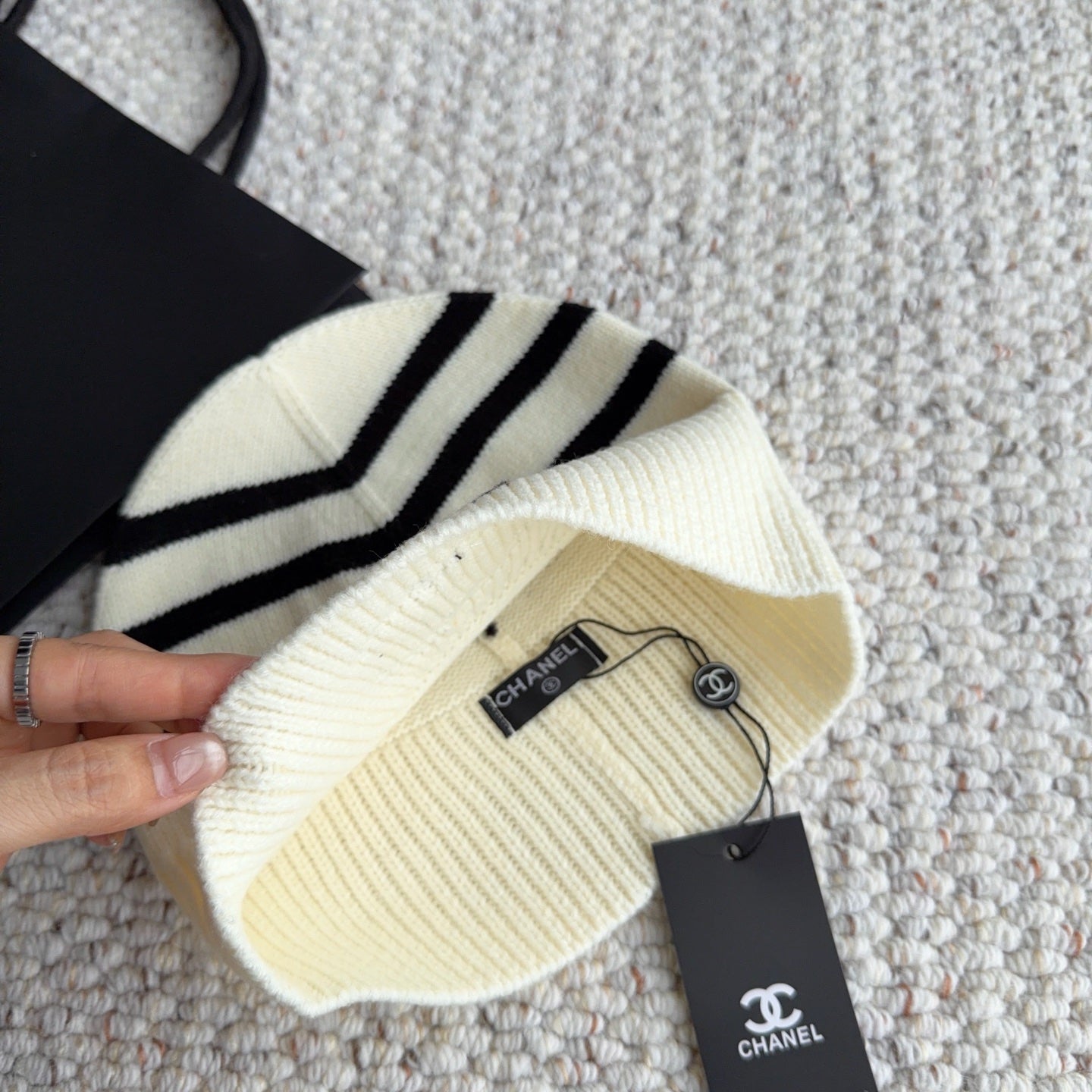 Chanel Striped Knit Beanie Hat 454061