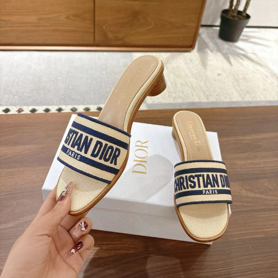 CD 26s Embroidered Sandals Beige Navy Blue Canvas Sheepskin 664321